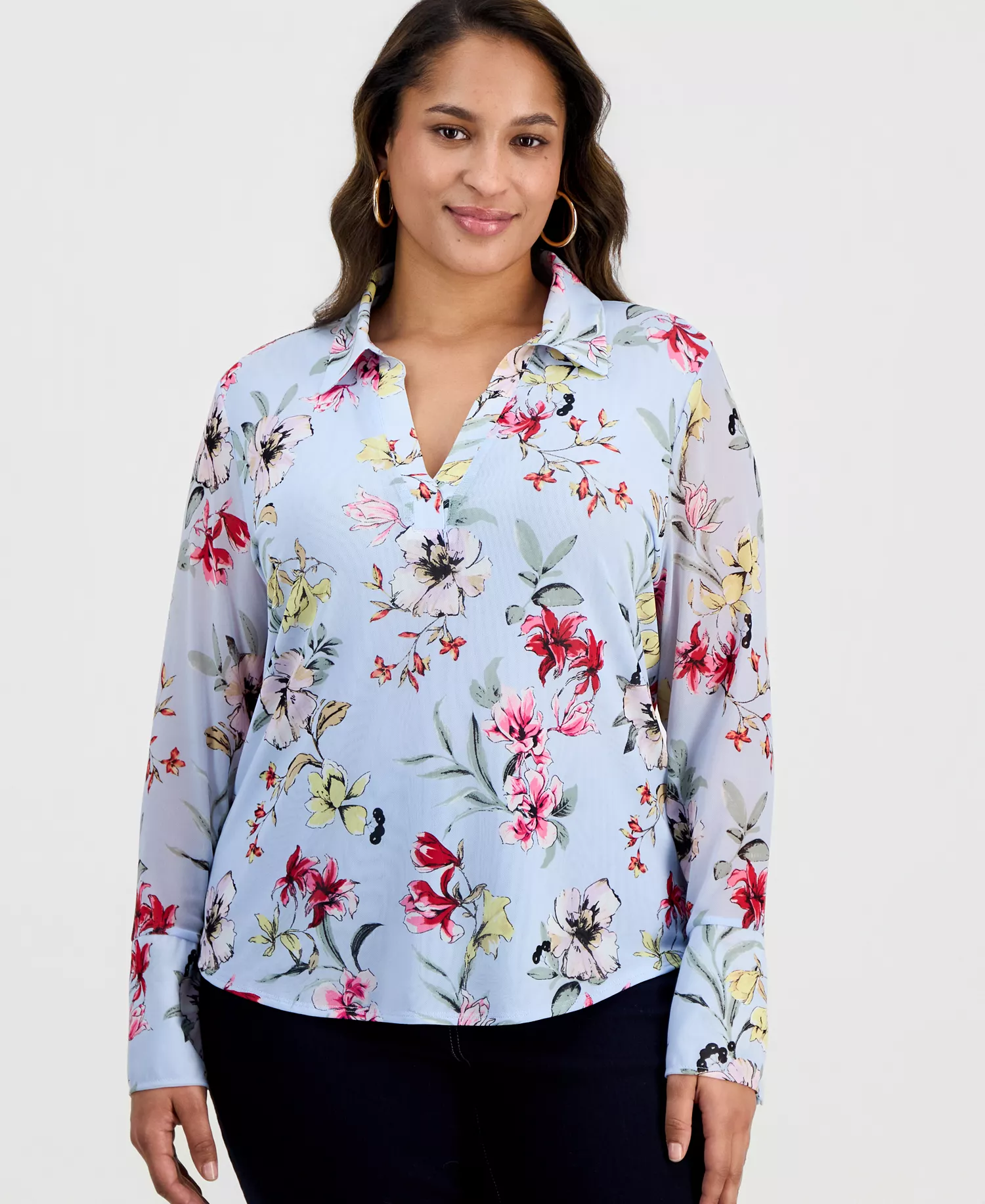 Plus Size Johnny-Collar Top, Macy's Exclusive - Dara Blooms - 0X