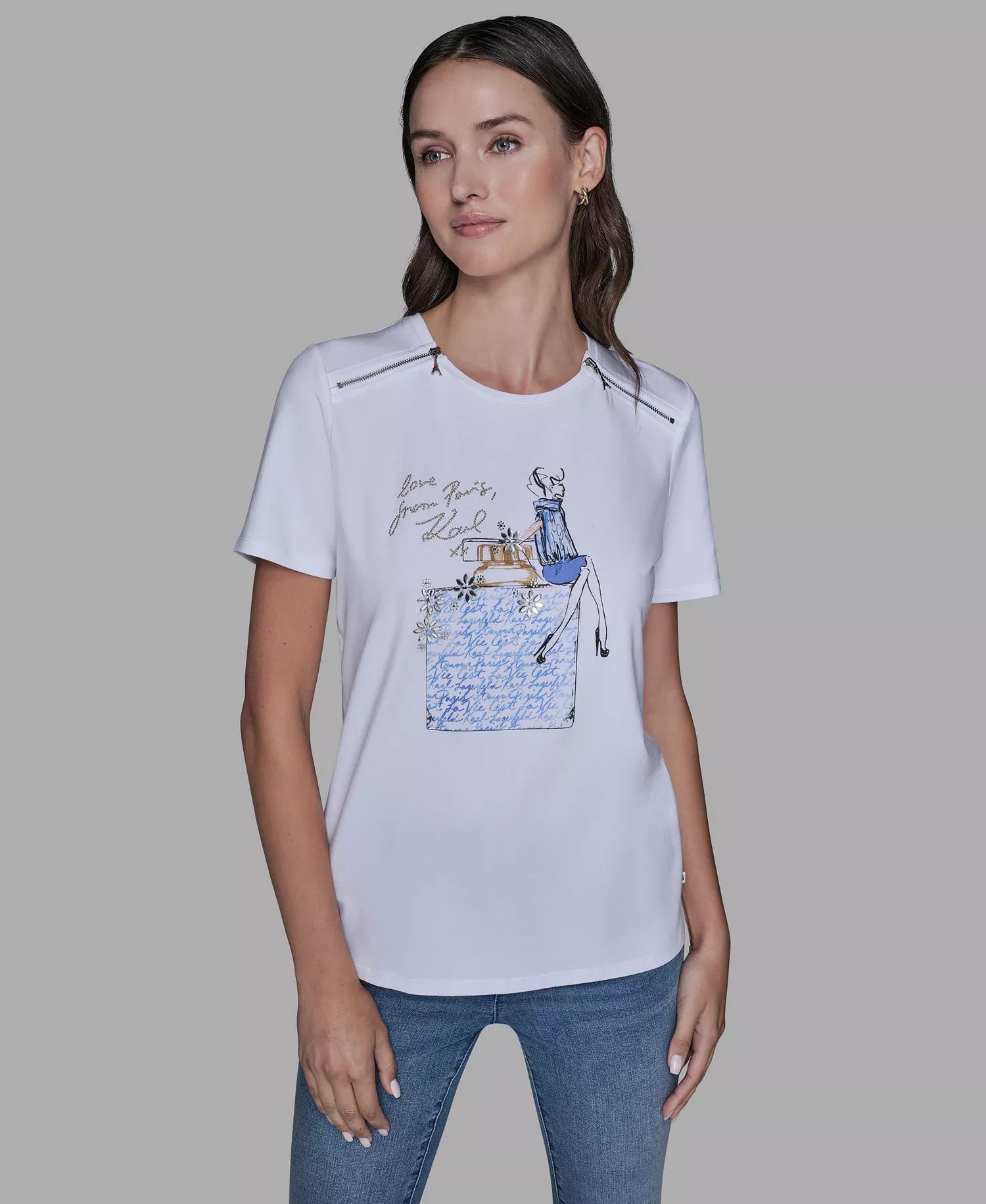 Women's Short-Sleeve Girl Perfume Bottle Printed T-Shirt - White/blue - L
