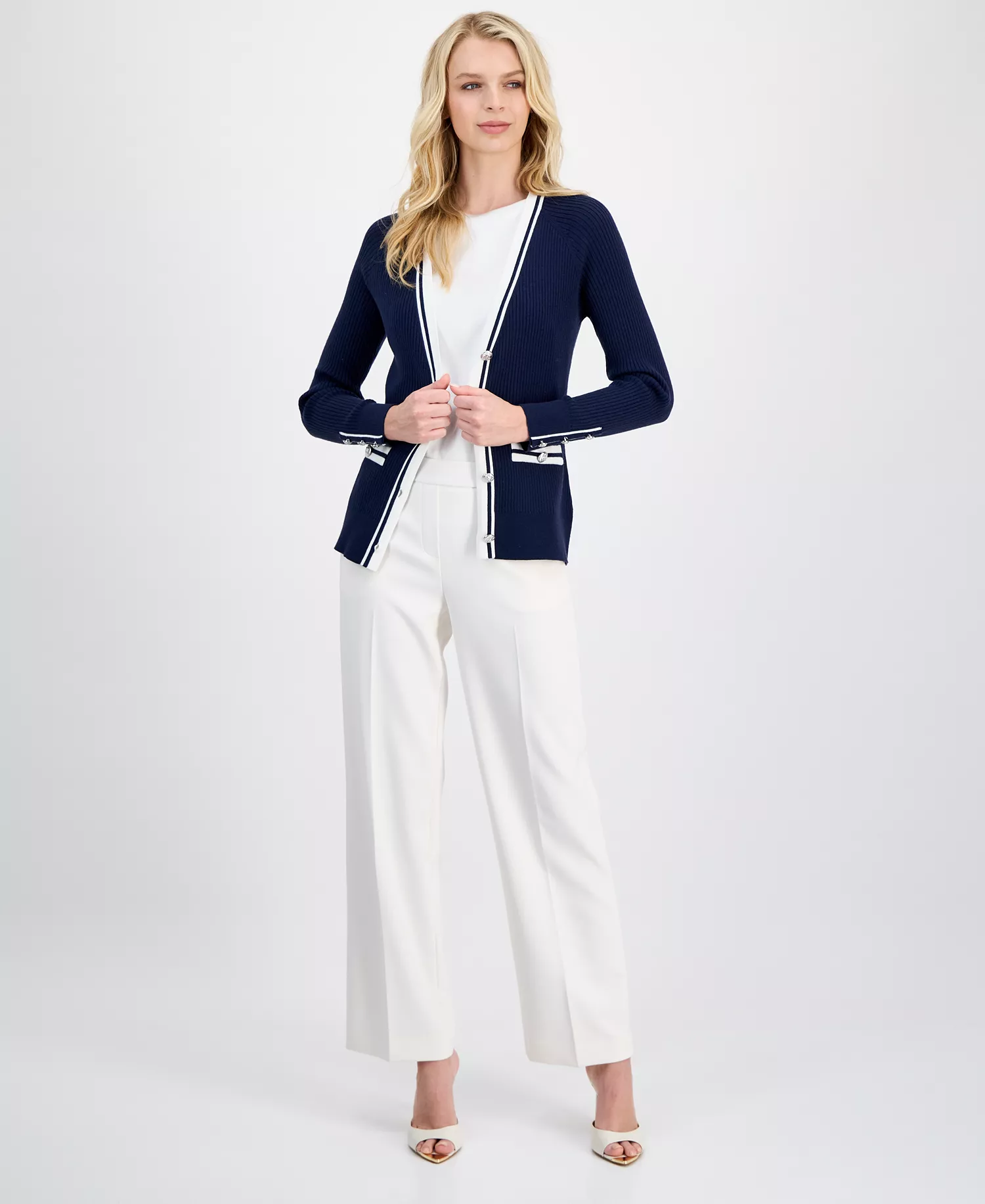 Women's Contrast-Trim Ribbed Knit Button-Front Cardigan - Navy With White - L