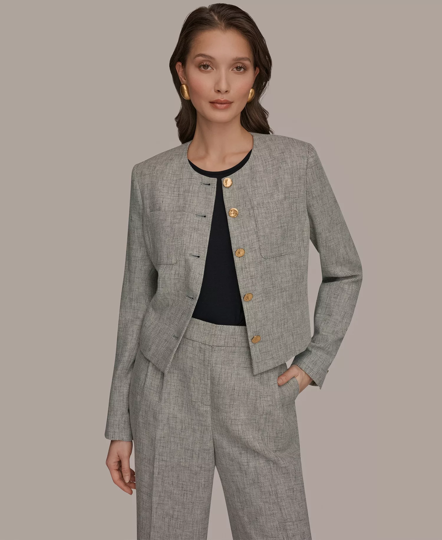 Women's Button-Front Cropped Jacket and High-Waist Wide-Leg Pants - Turin Multi - 0