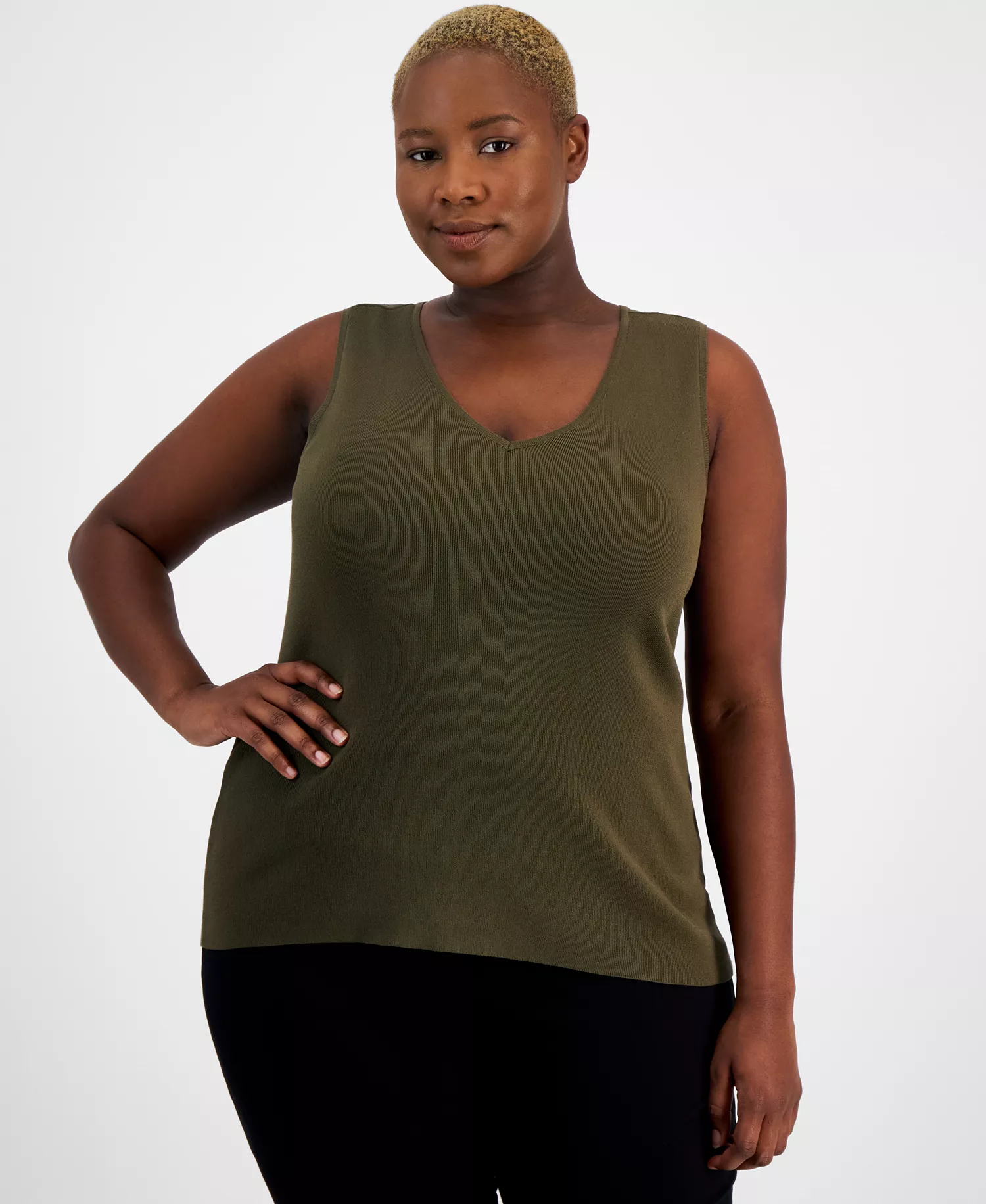 Plus Size V-Neck Sleeveless Tank Top - Loden - 1X