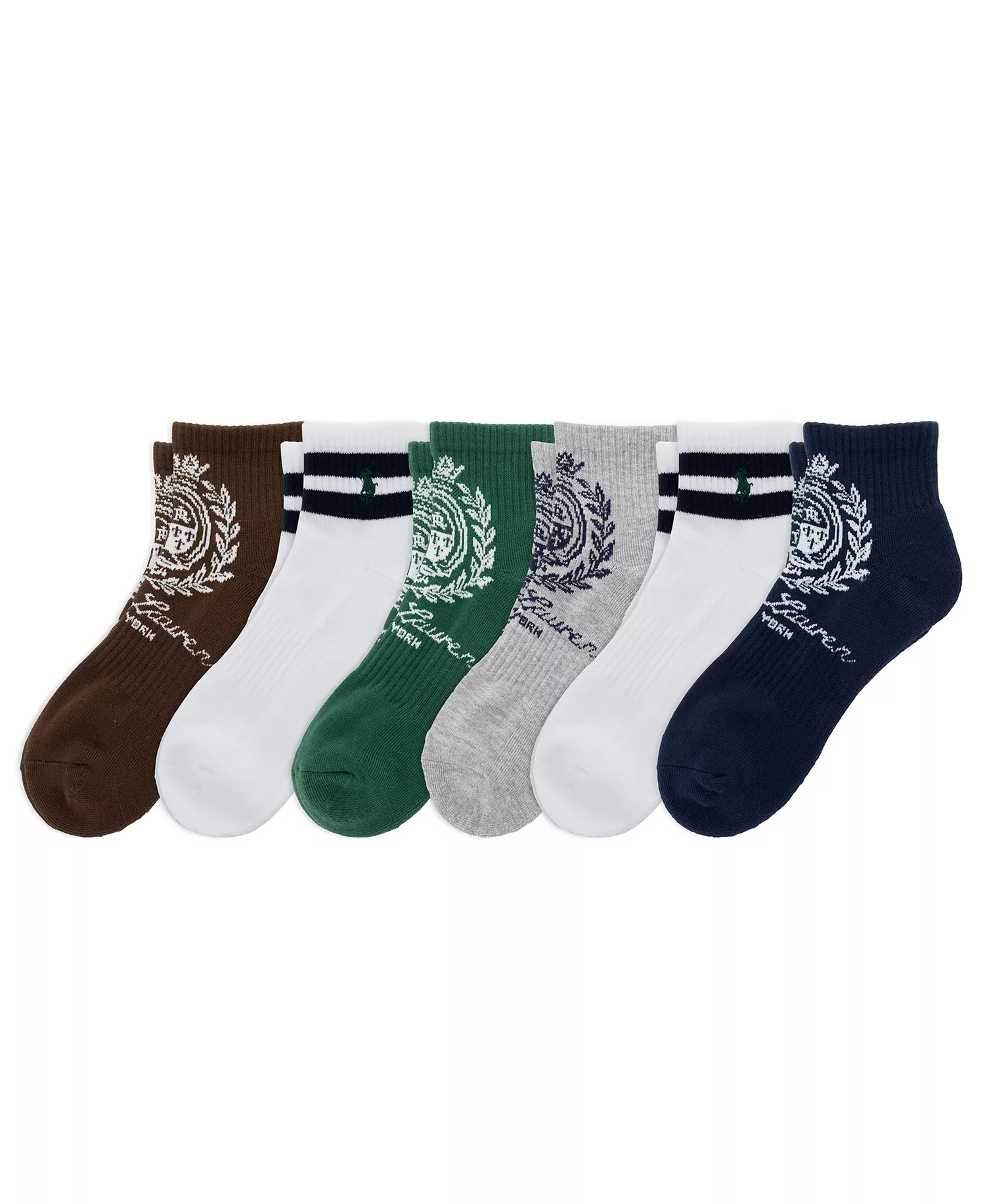Men's Ralph Lauren Crest Quarter Socks, 6-Pack - Brown/White/Green/Navy/White/Gray - 10-13