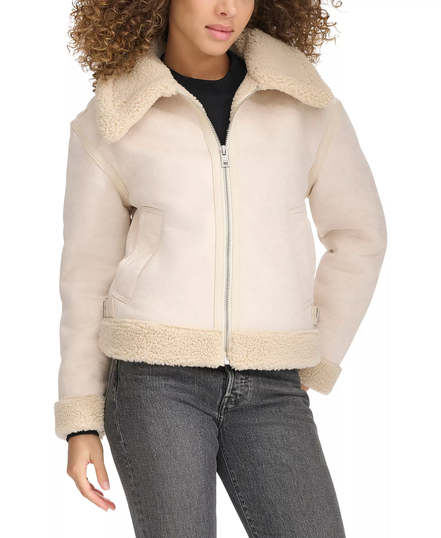 Women's Faux Shearling Aviator Jacket - Almond Milk - L