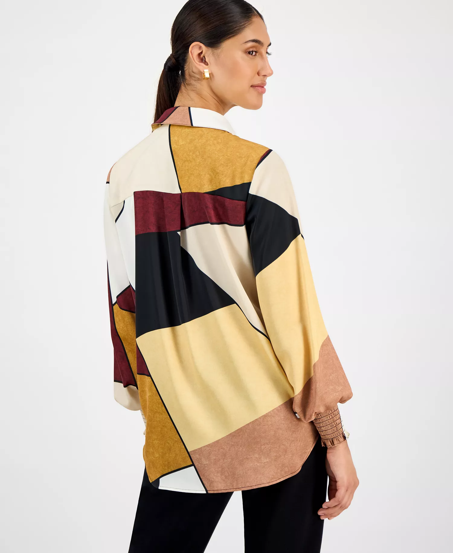 Women's Printed Blouson-Sleeve Shirt - Sueded Blocks - L