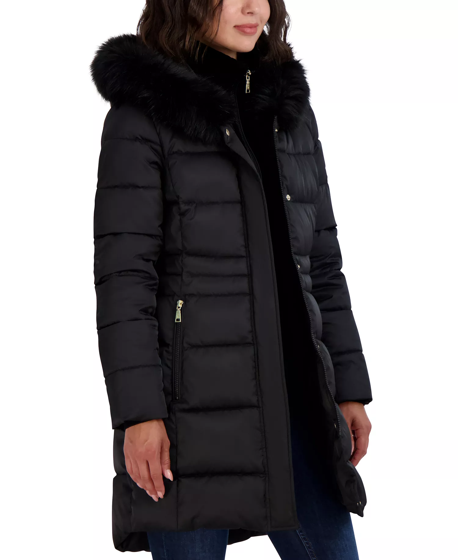 Womens Velvet Bibbed Faux-Fur Hooded Puffer Coat - Black - S