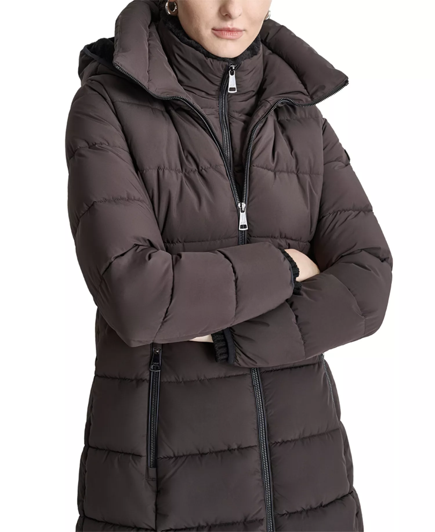 Women's Bibbed Hooded Zip-Front Puffer Coat - Bitter - M