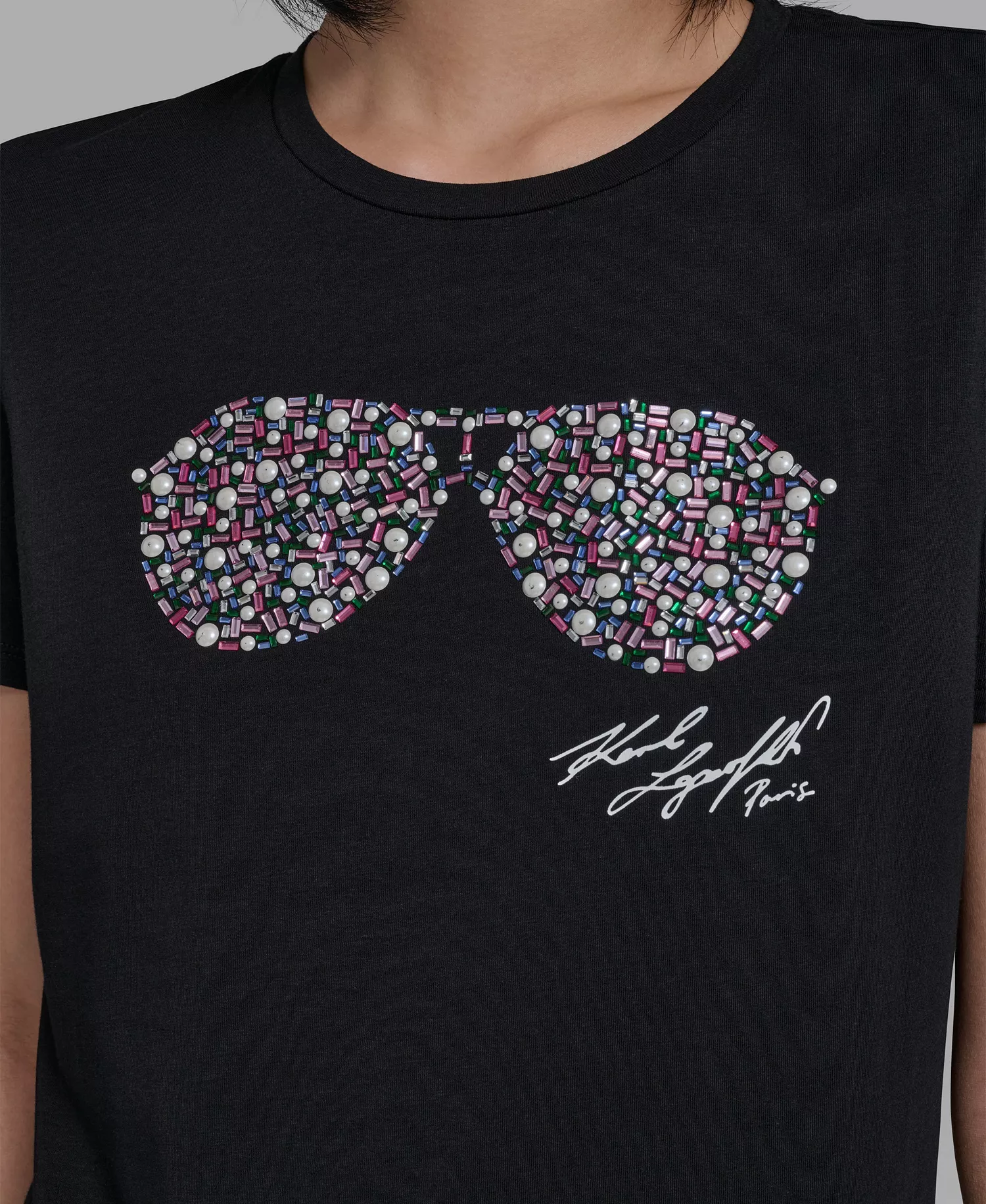 Women's Crew Neck Multi Jeweled Sunglass T-Shirt - Black - L