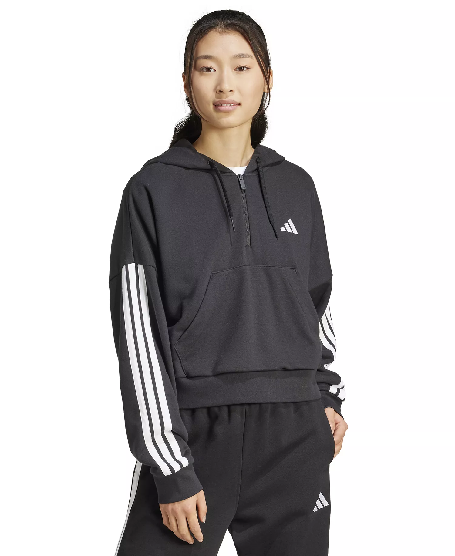 Women's Essentials 3-Stripes French Terry Quarter-Zip Hoodie - Black/White - 2XL