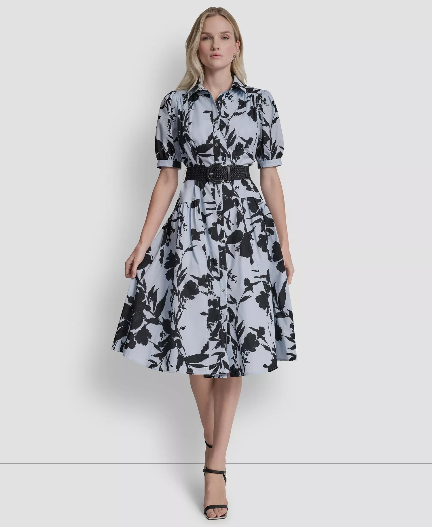 Petite Short-Sleeve Collared Belted Shirtdress - Skyway Blue/Black - 0P