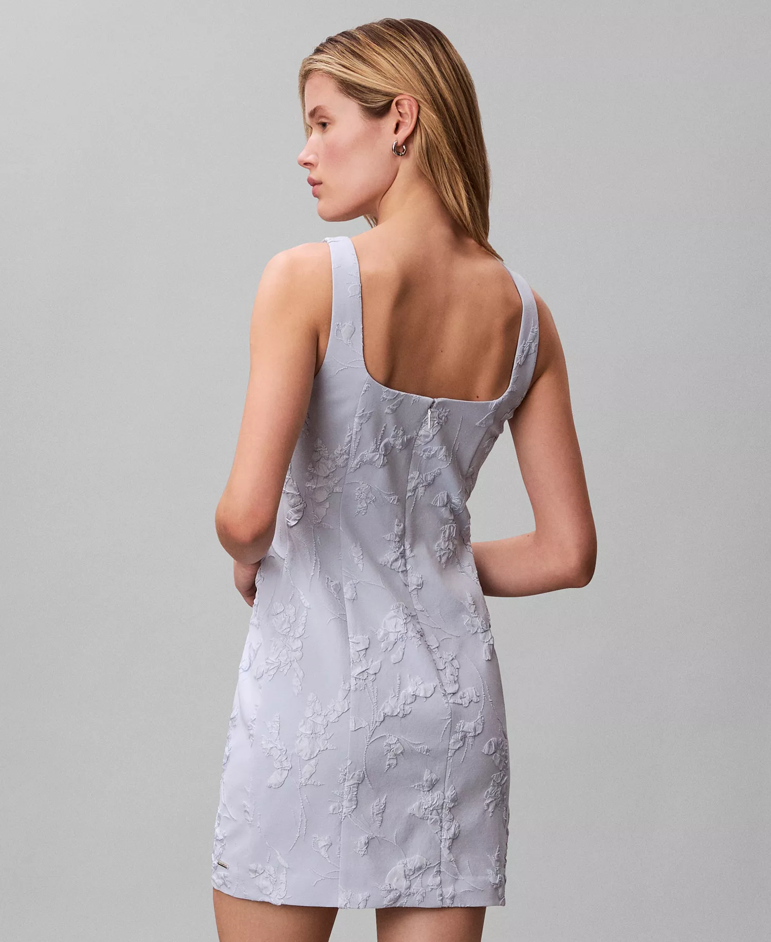 Women's Floral Square Neck Mini Dress - Breezy Blue Floral Cuttings Cloque Jacquard - 10