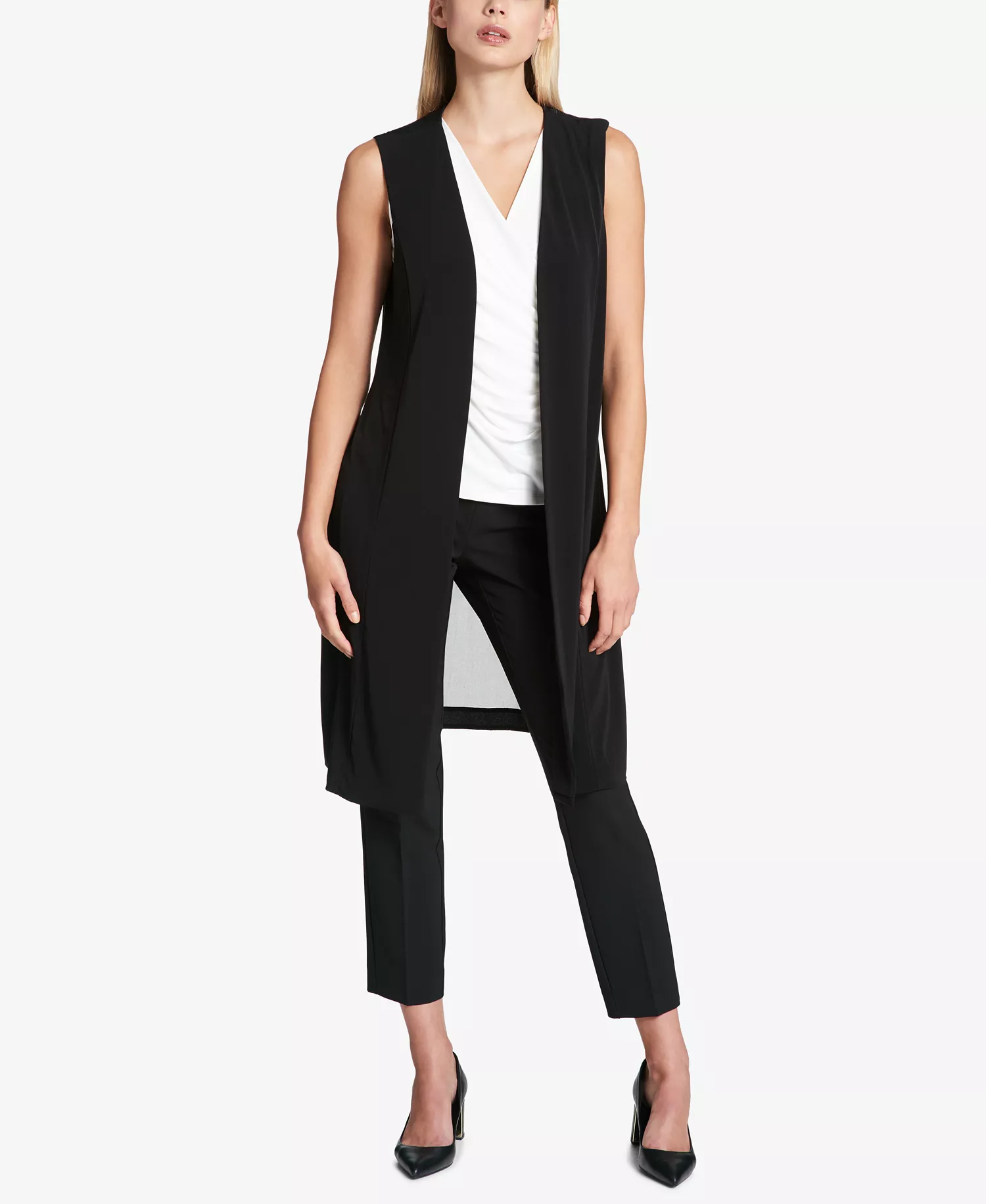 Chiffon Back Long Vest  - Black - XL