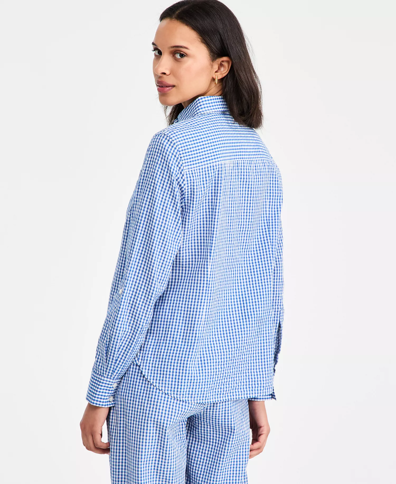Women's Gingham Print Roll-Tab Shirt - Blue Orbit / Ecru Gingham - L