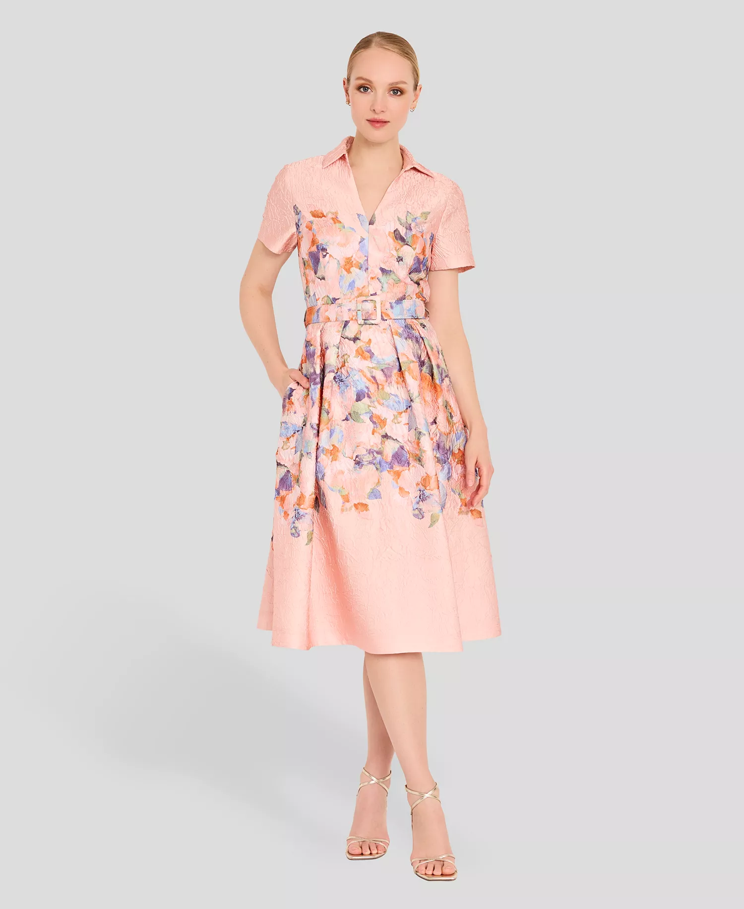Women's Short-Sleeve Floral Belted Midi Dress - Apricot - 10