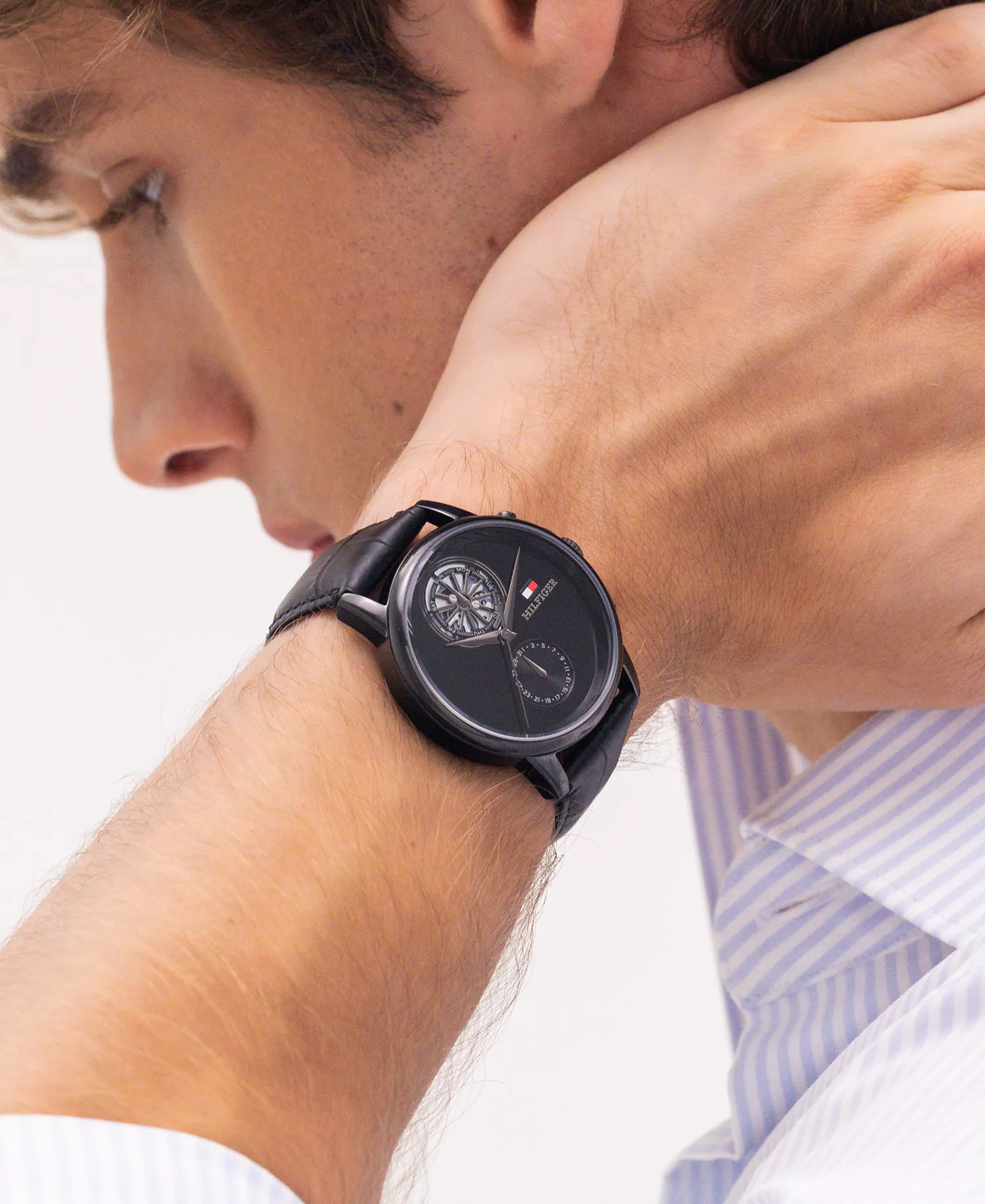 Men's Multifunction Black Leather Strap Watch, 40mm - Black - No Size