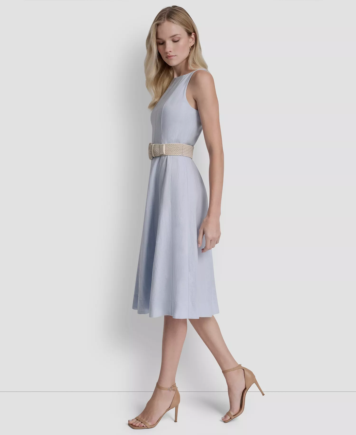 Women's Belted Fit And Flare Boat Neck Midi Dress - Skyway Blue - 10