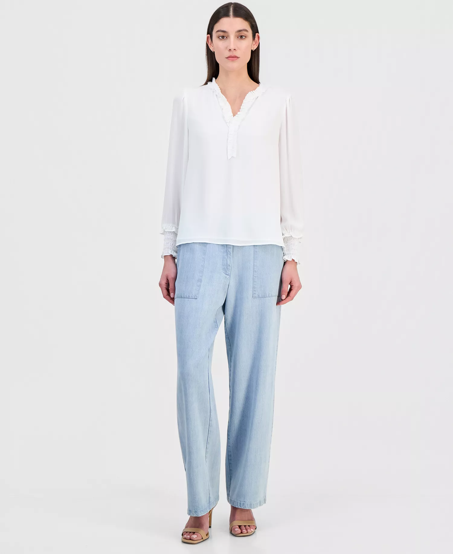 Women's Chiffon Split-Neck Ruffled Blouse - White Star - L