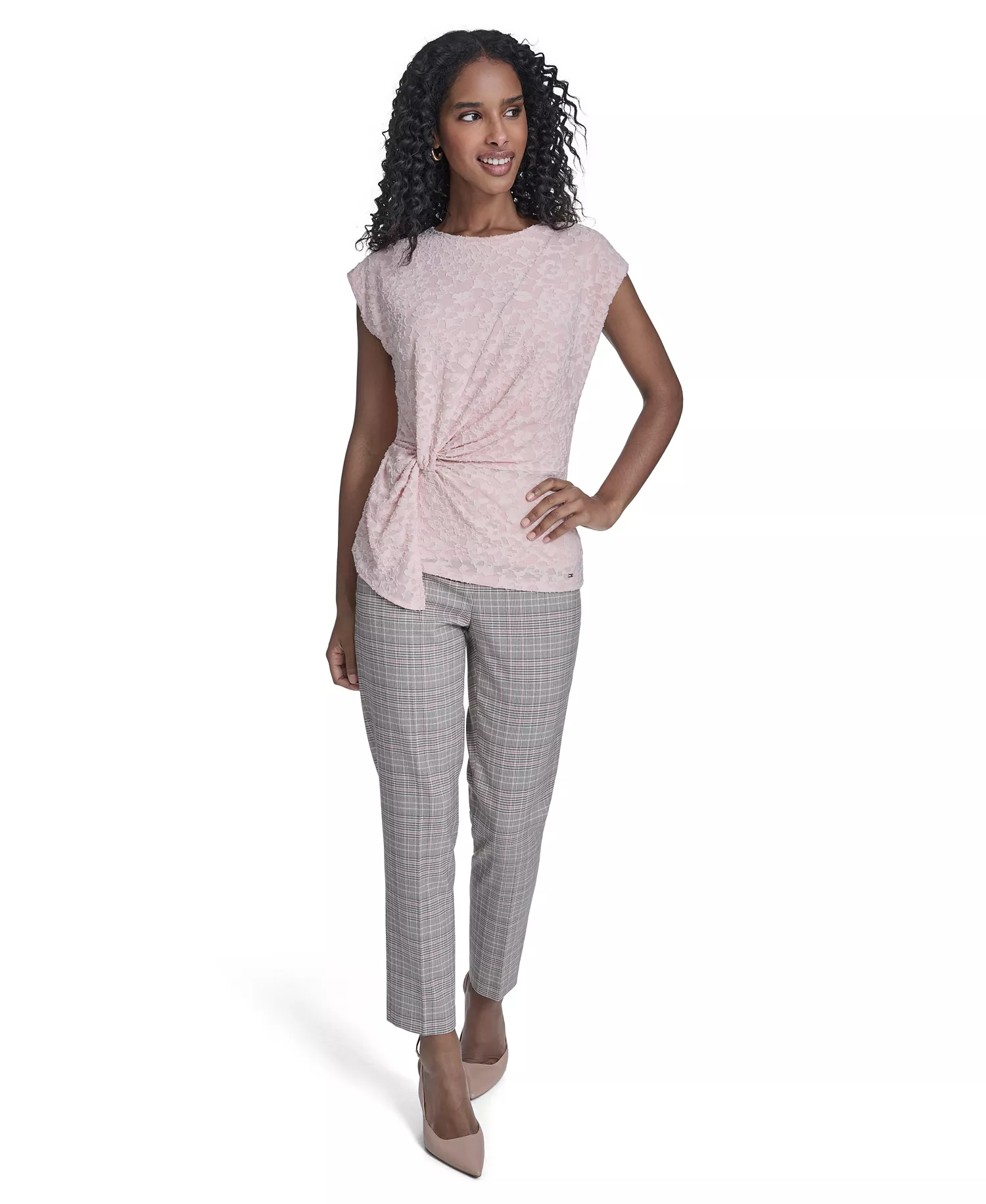 Women's Floral Clip Draped Crewneck Top - Evening Sand - L