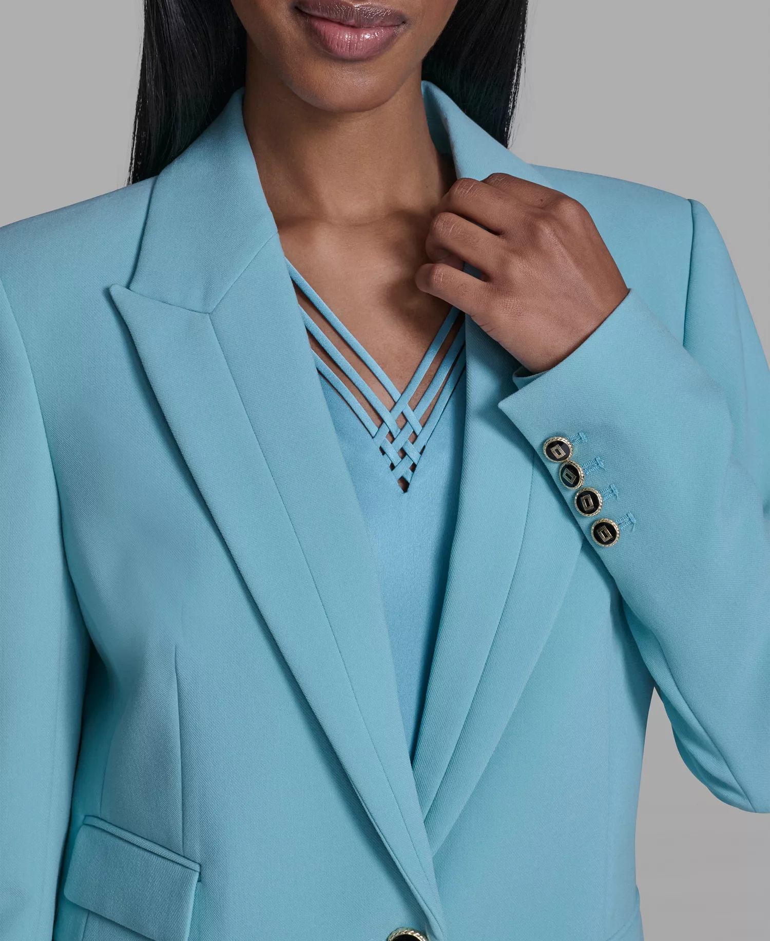 Women's Notch Lapel Collar One-Button Jacket - Aqua Mist - 0