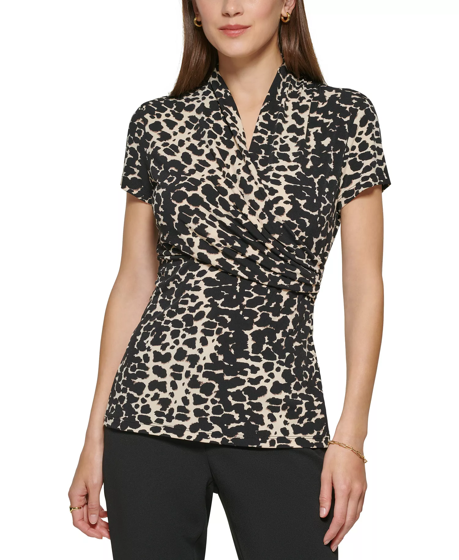 Petite Animal-Print Draped Surplice Blouse, Created for Macy's - Black/Tan - PL