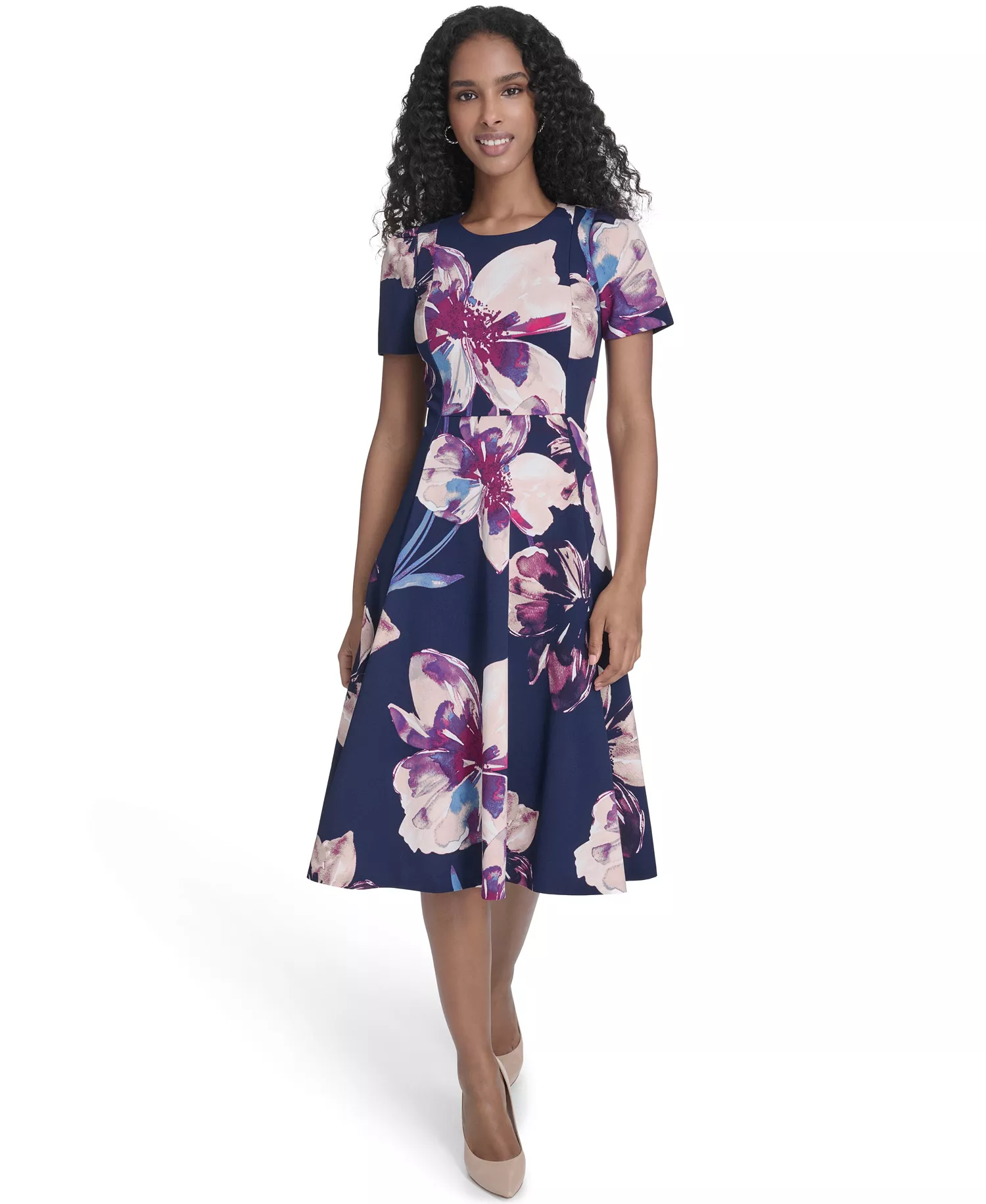 Women's Printed Crew Neck Midi Dress - Indigo Multi - 0P