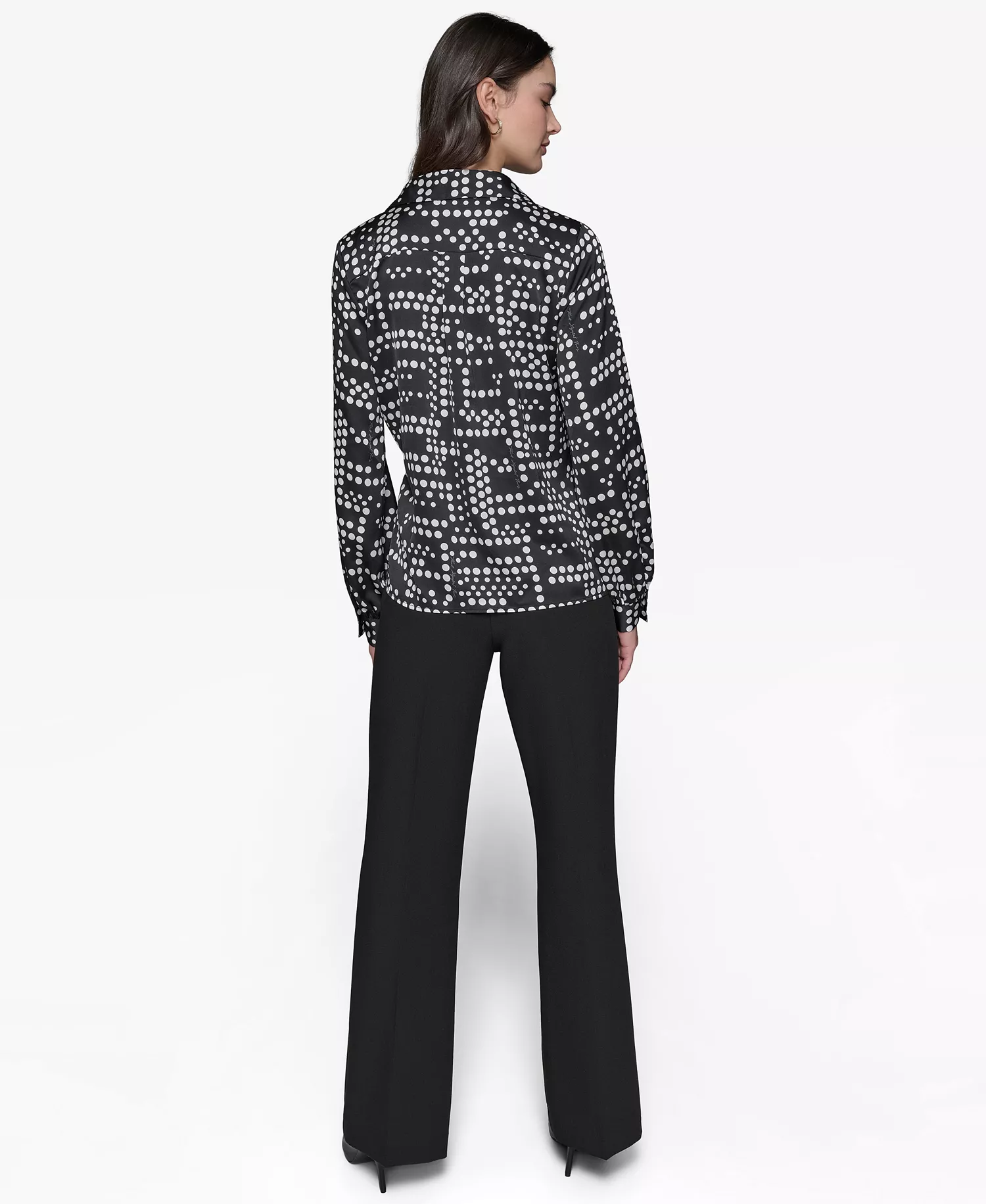 Women's Ruffled Dot-Print Blouse - Black/ Soft White Multi - L