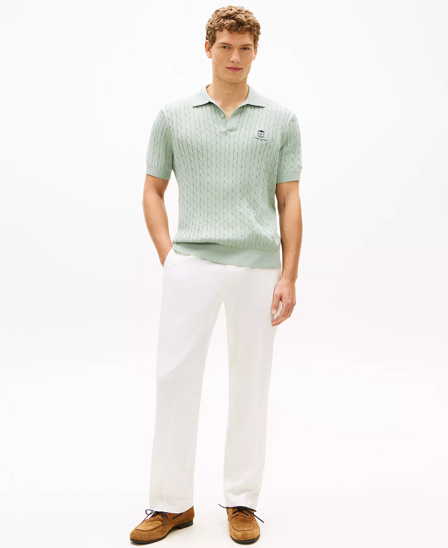 Men's Cable Short-Sleeve Polo Shirt - Minty Gray - L
