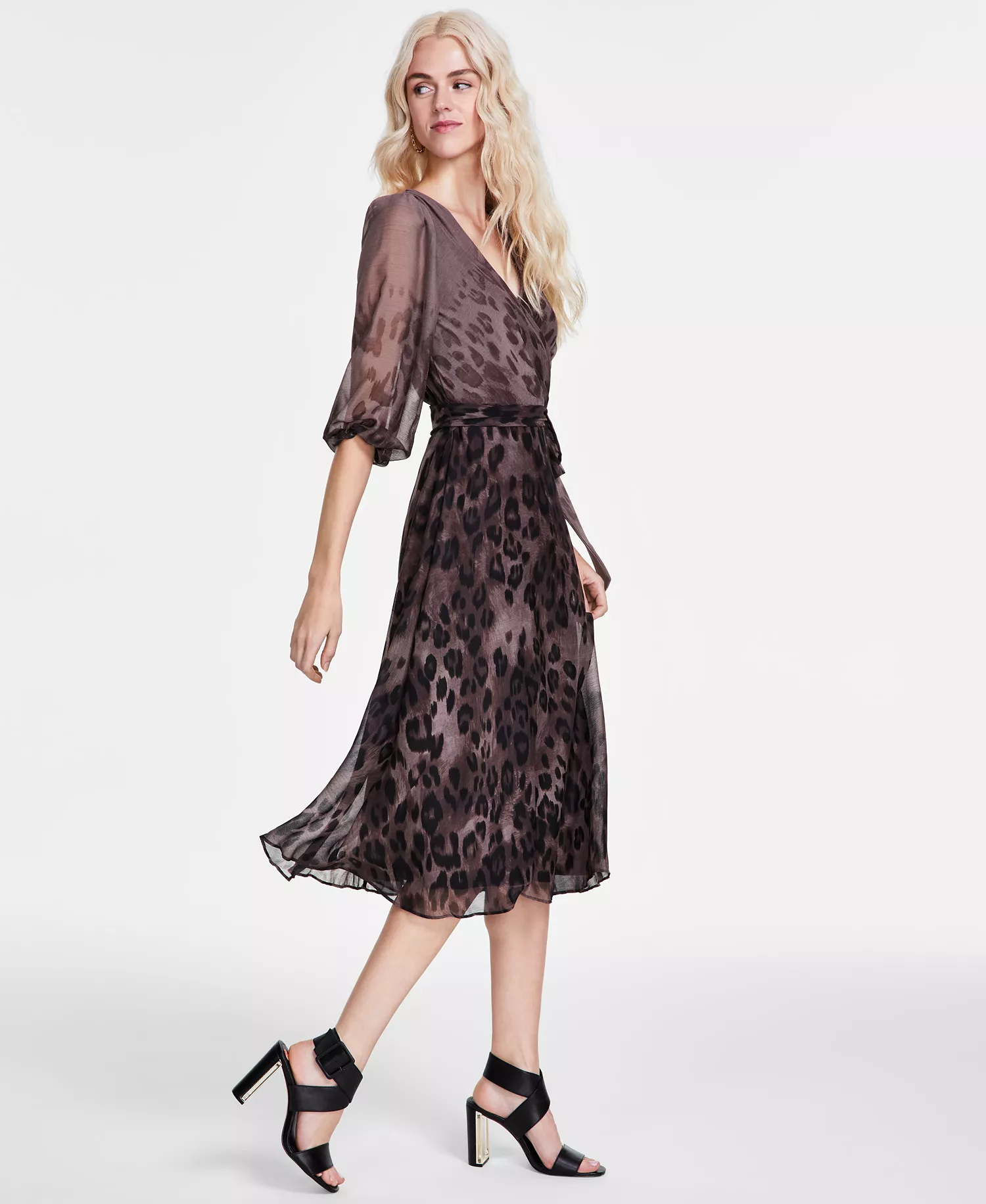 Women's Printed Faux-Wrap Balloon-Sleeve Dress - Brown Multi - 10