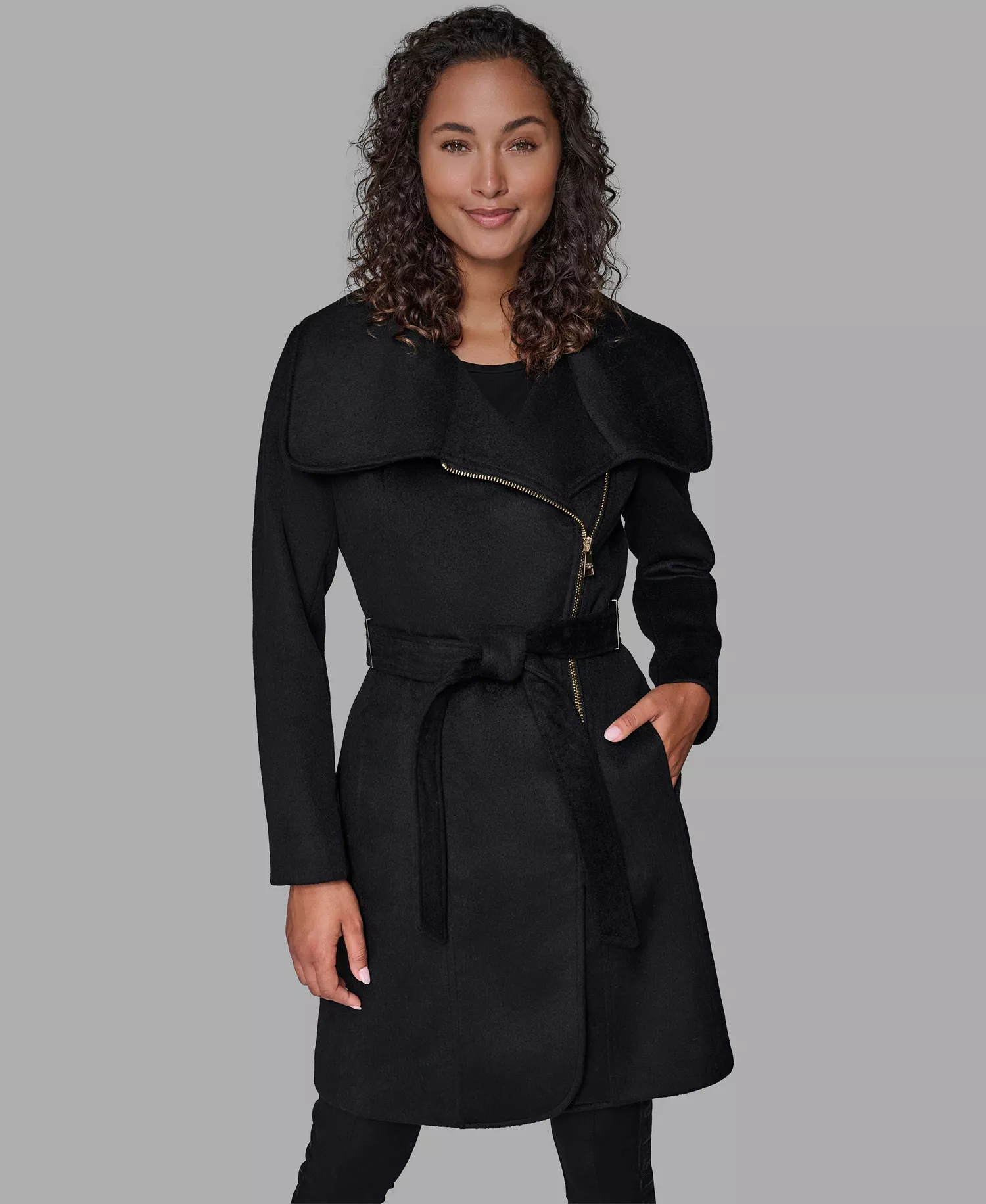 Women's Asymmetrical Wrap Coat - Black - L