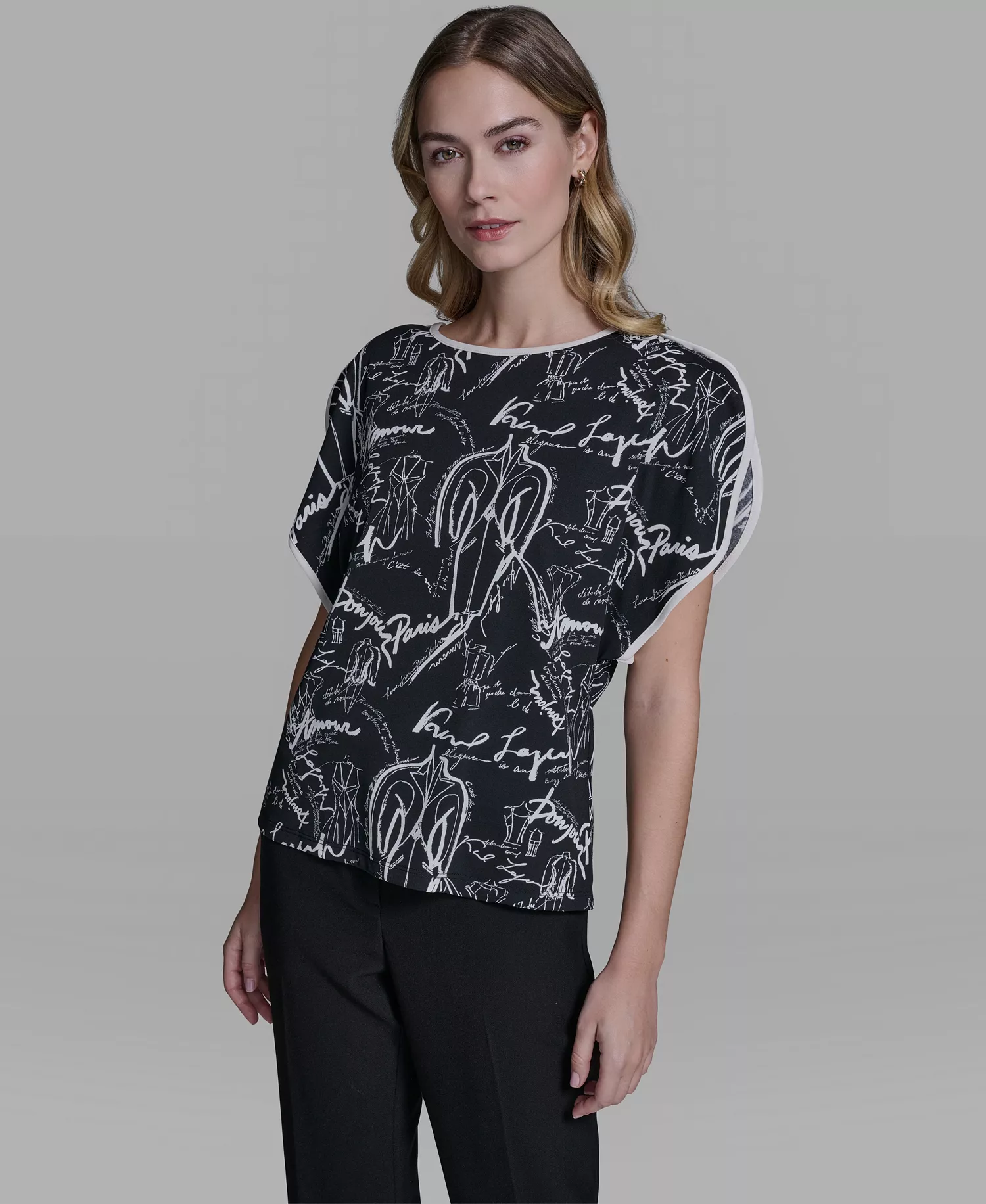 Women's Printed Split-Sleeve Crew Neck Top - Bisque/Black - L