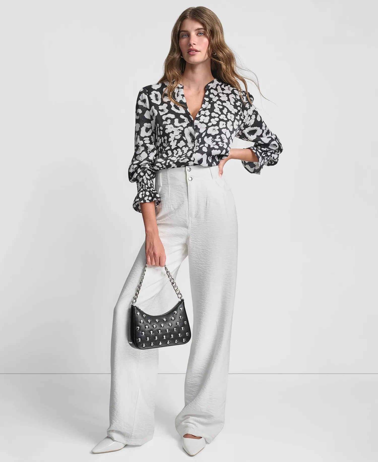 Women's Long-Sleeve Split-Neck Top - Black Leopard - S