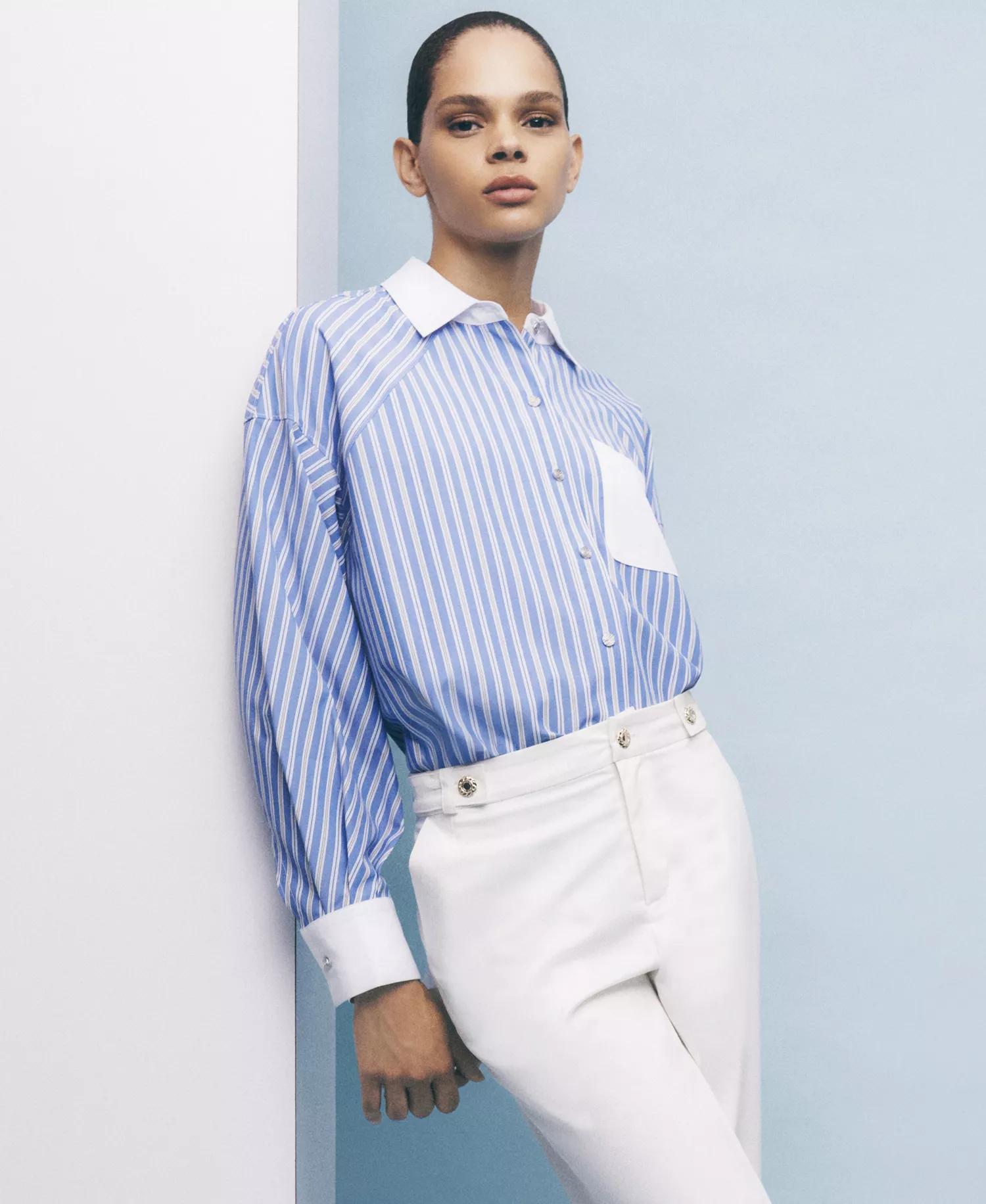 Women's Stripe Contrast Front Button Collar Blouse - French Blue Combo - L