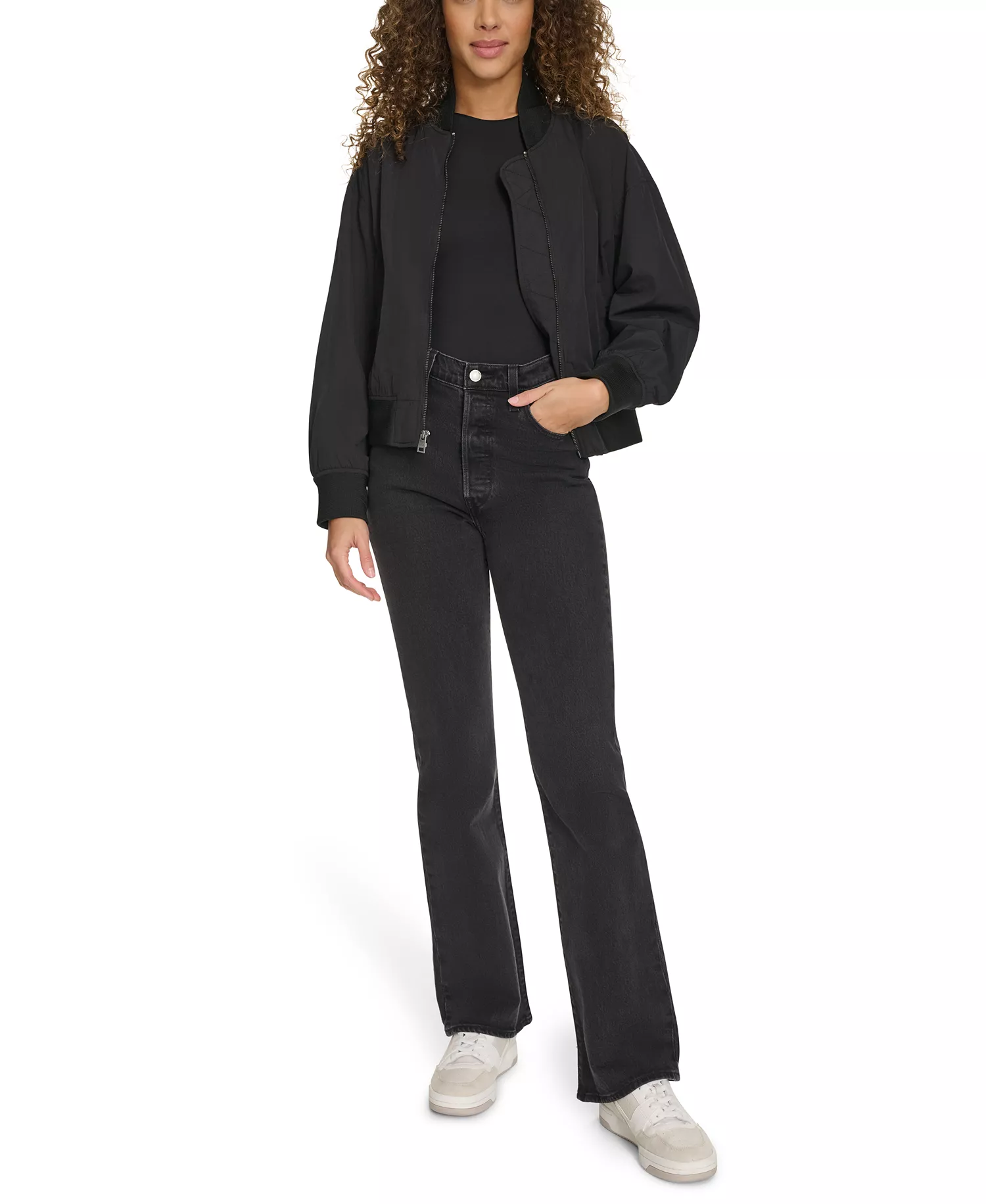 Women's Relaxed Zip-Front Ribbed-Hem Bomber Jacket - Black - L