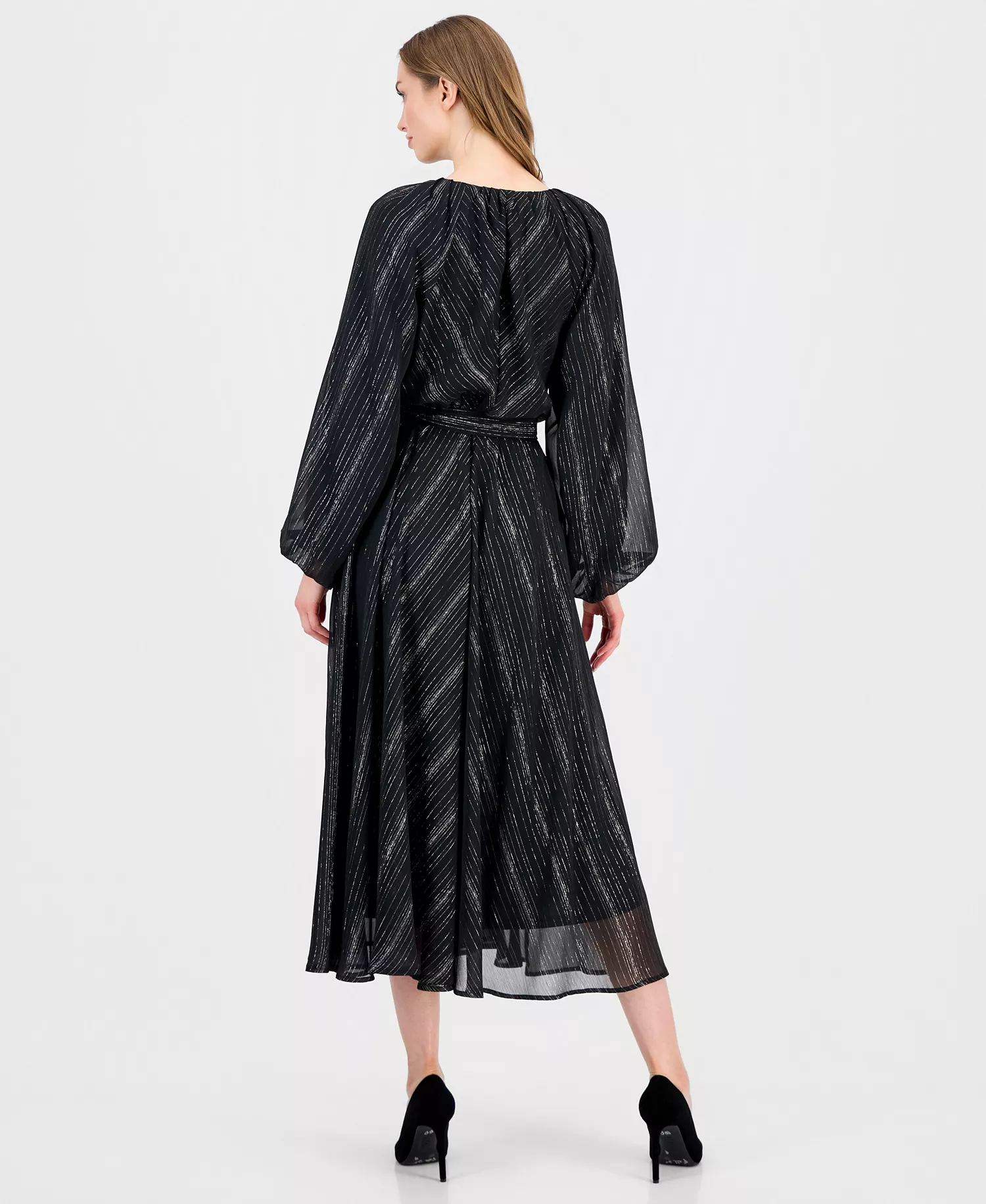 Women's Long-Sleeve Fit & Flare Dress - Black/silver Stripe - 10