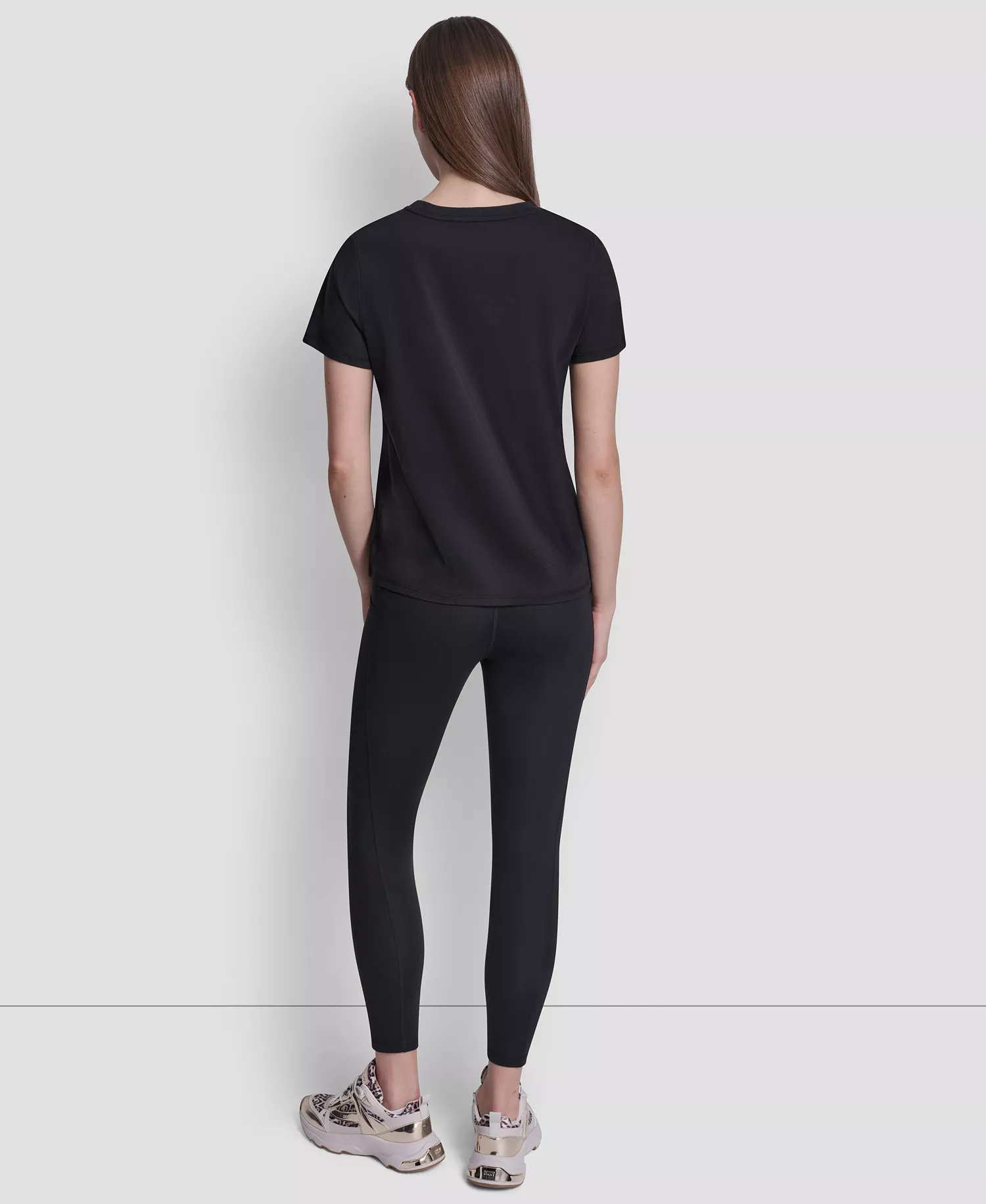 Women's Rhinestone Varsity Logo Relaxed Fit Pull-On T-Shirt - Black - L