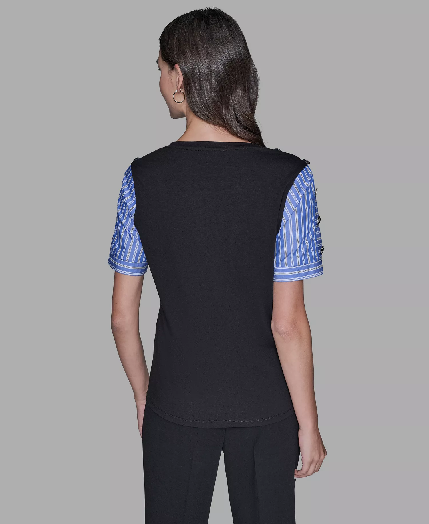 Women's Pinstripe-Sleeve Pull-On Blouse - Black - L