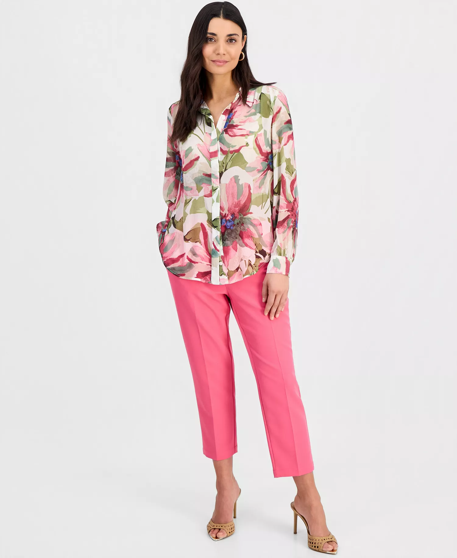 Petite Printed Long-Sleeve Blouse, Created for Macy's - Farrah Bouquet - P/L