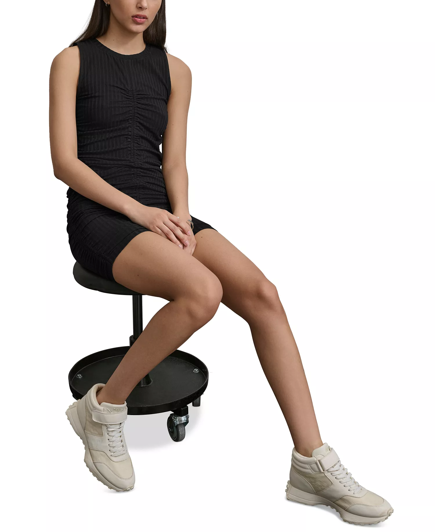 Women's Solid Ruched Crewneck Tank Dress - Black - L