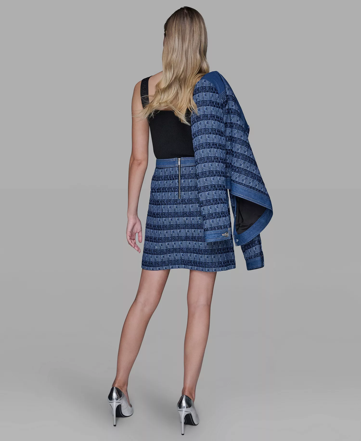 Women's Tweed and Denim Zipper Mini Skirt - Blue Aura/french Blue Multi - 0