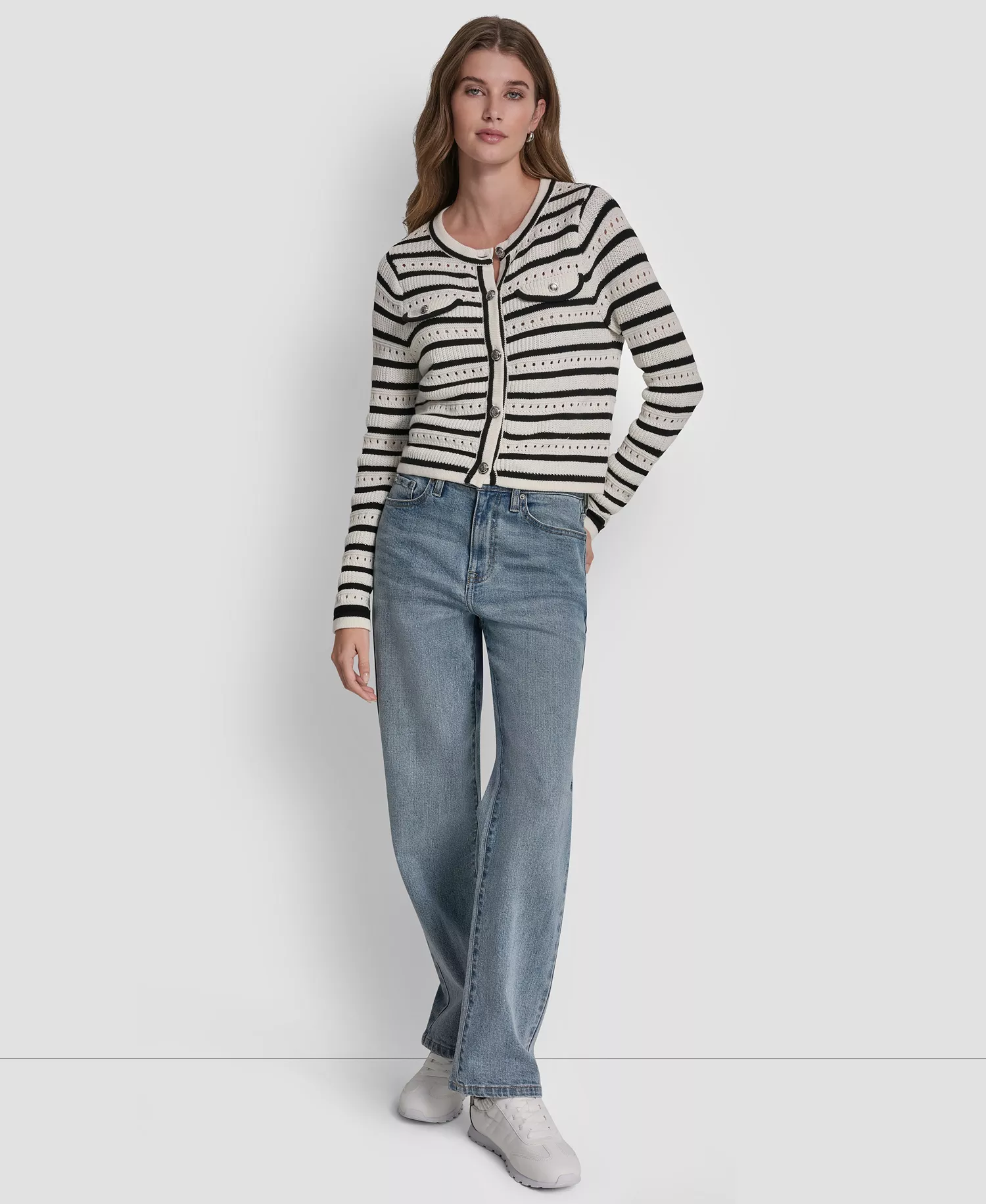 Women's Crew Neck Pointelle Sweater - Ivory/black - L