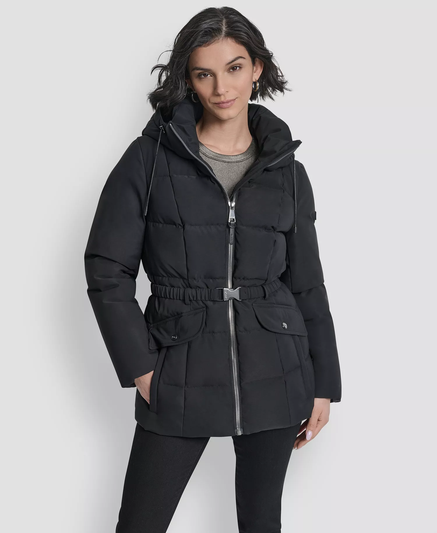 Women's Belted Hooded Puffer Coat - Black - L