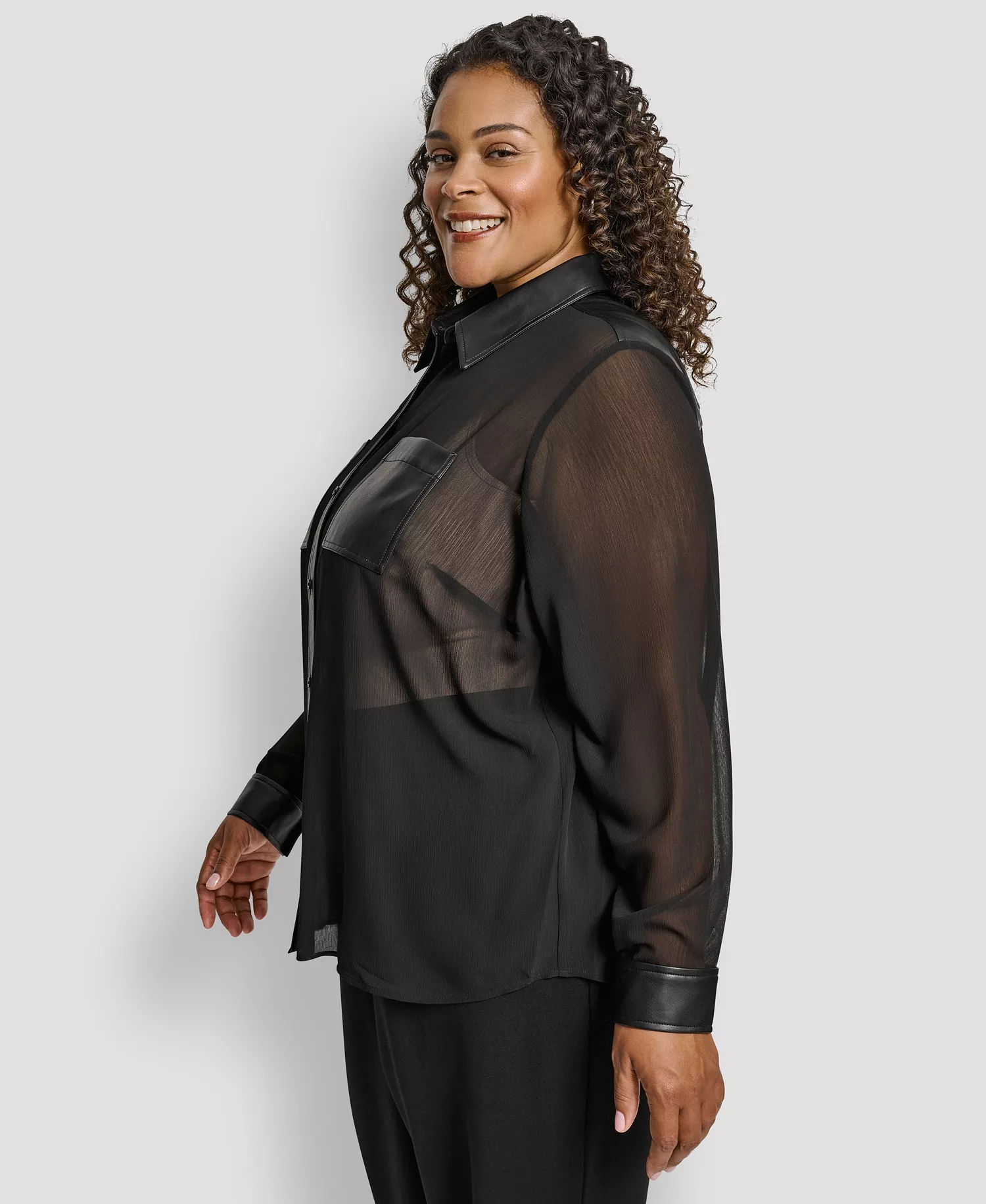 Plus Size Collared Neck Long Sleeve Top - Black - 1X