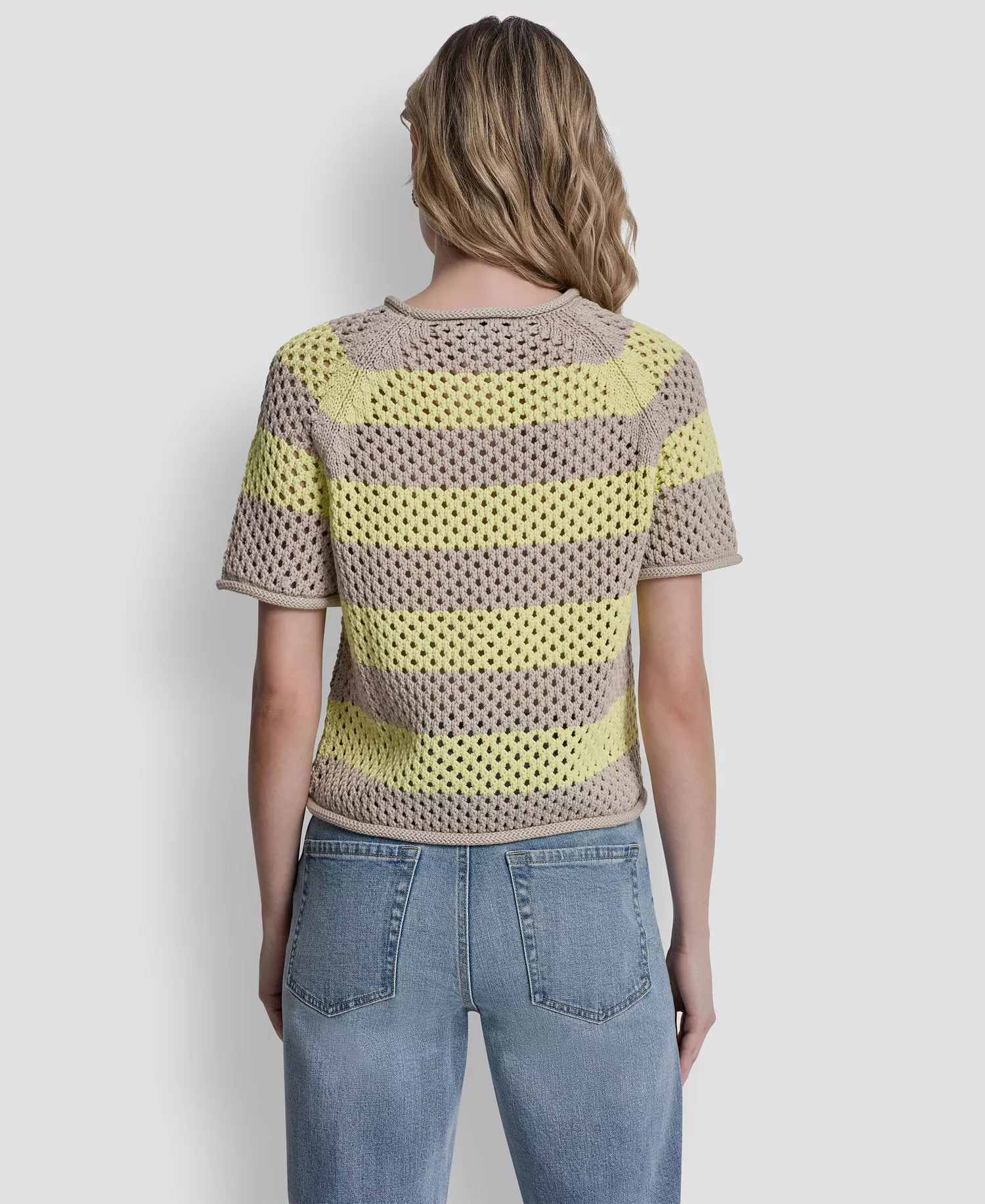 Women's Short-Sleeve Raglan Stripe Pointelle Pull-On Sweater - Pebble/lemon Light - L