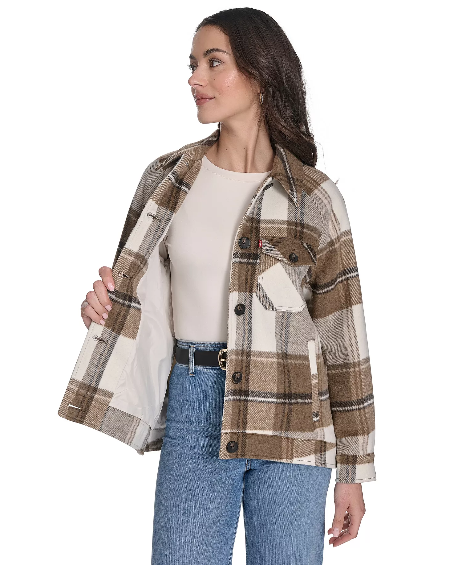 Women's Wool Blend Shirt Jacket - Brown Multi Plaid - L