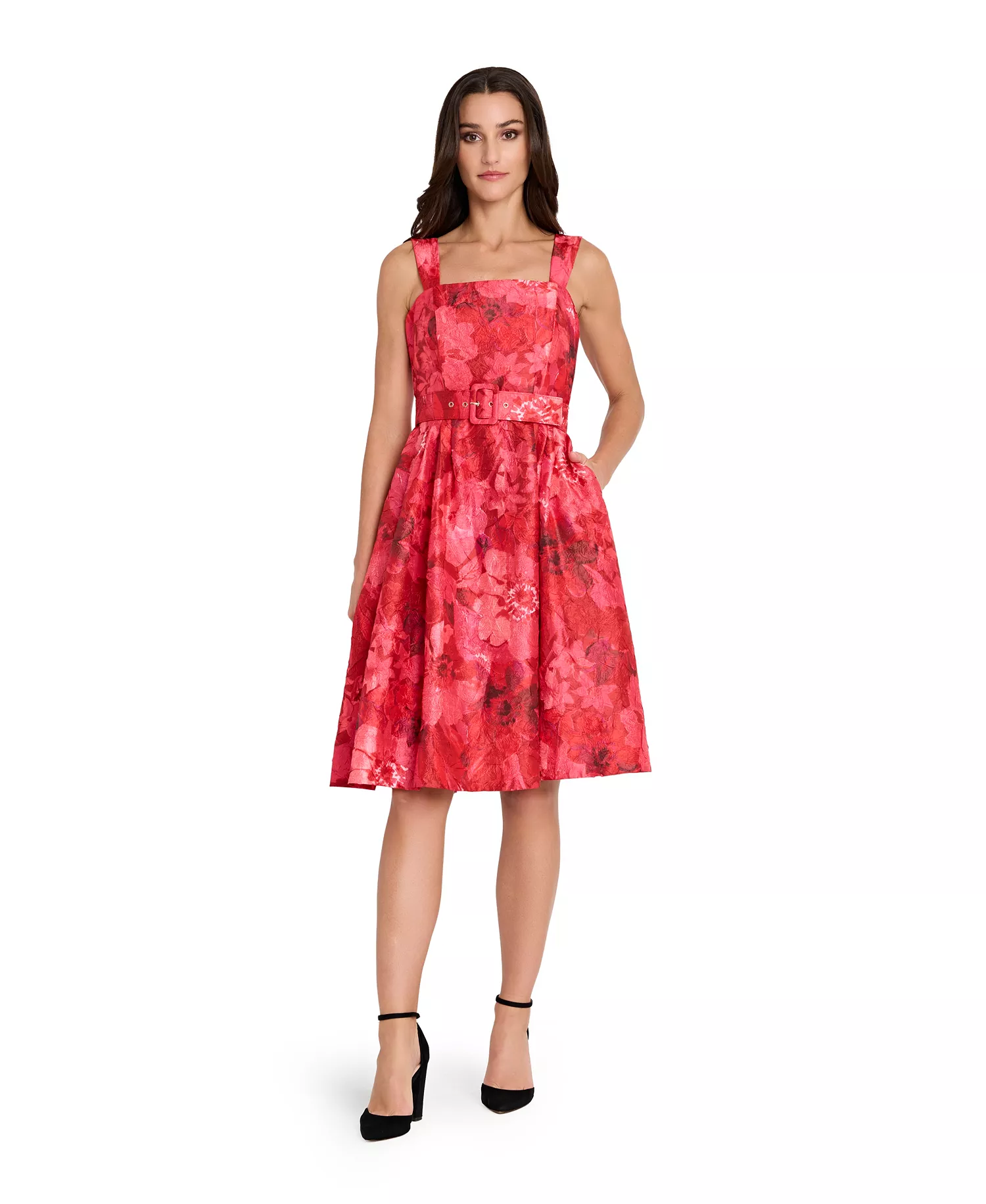 Women's Square Neck Printed Jacquard Fit and Flare Dress - Red Multi - 10