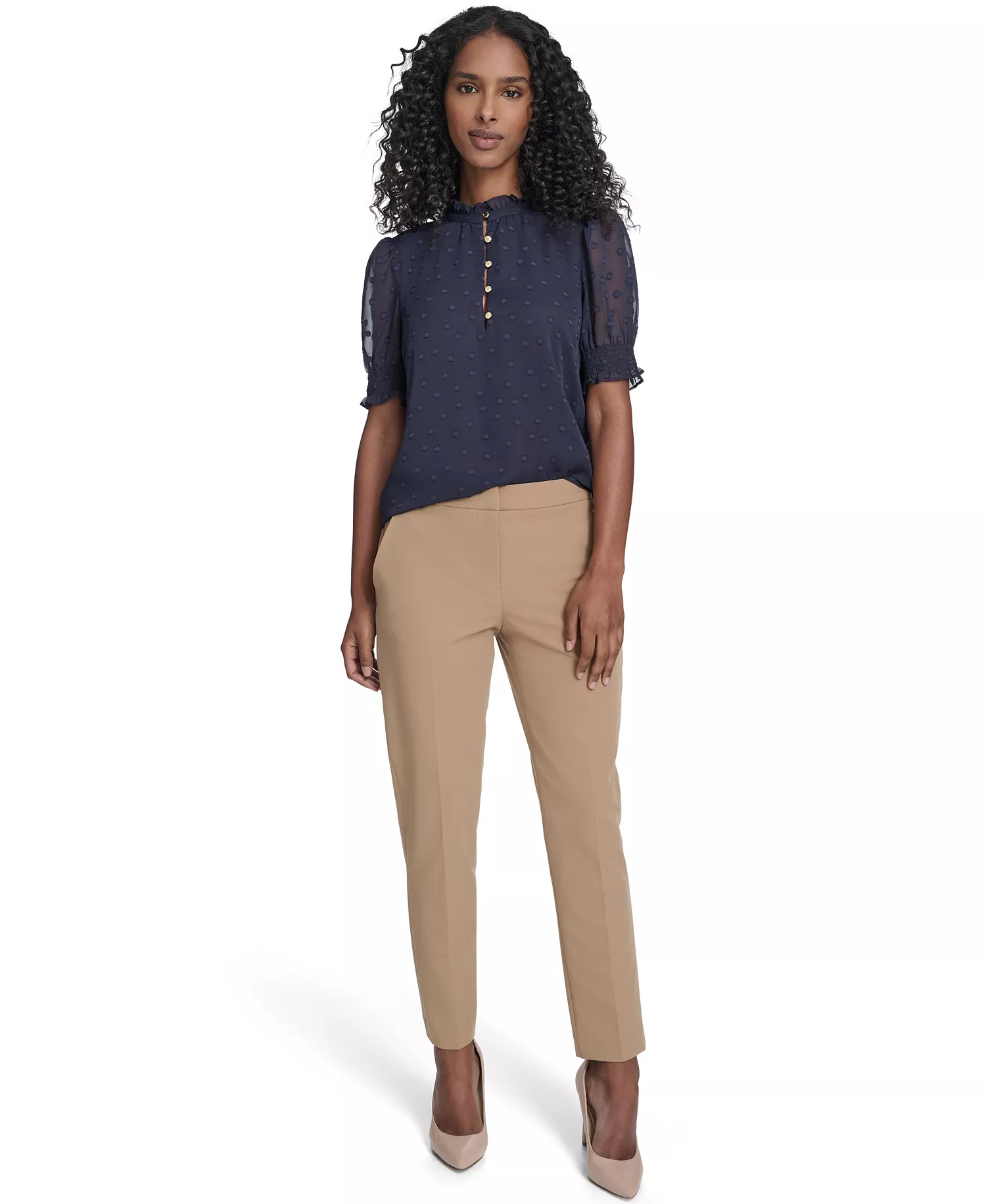 Women's Floral Clip Mock Neck Short Sleeve Blouse - Midnight - L