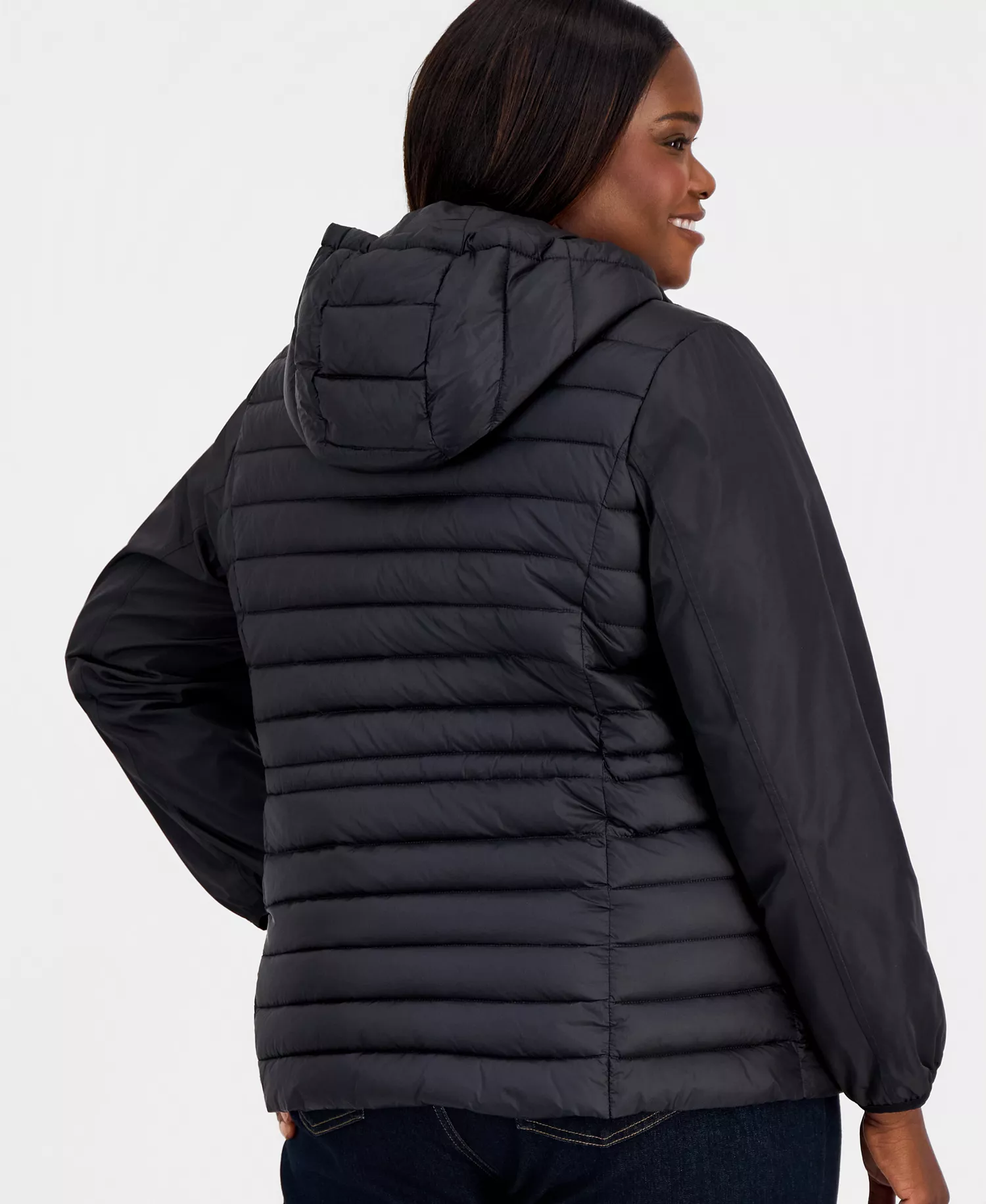 Plus Size Mixed-Media Packable Coat - BLACK - 0X