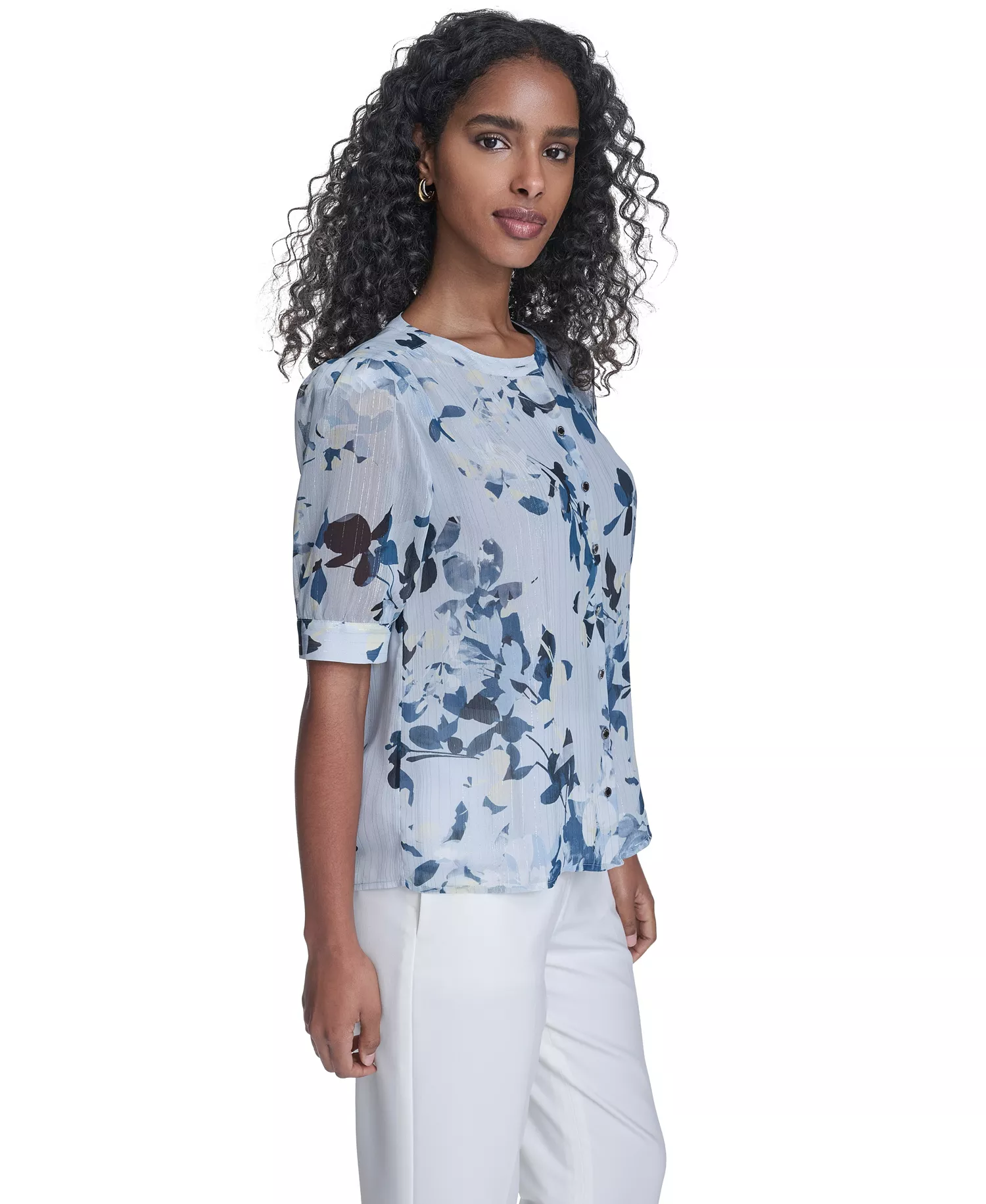 Petite Short-Sleeve Button Front Top - Mist/Double Cream - P/L