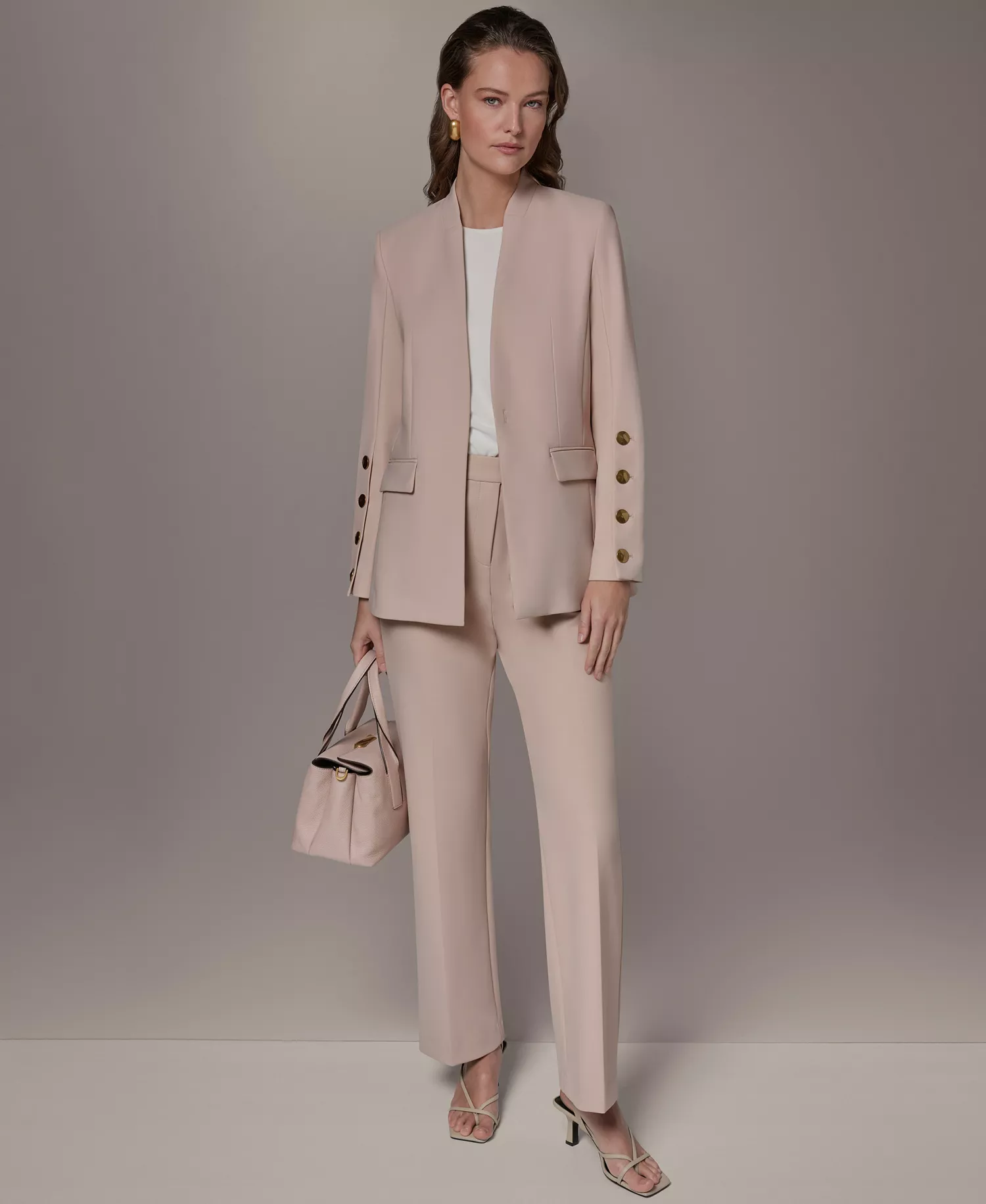 Women's 4-Button-Sleeve Blazer and Straight Leg Pants - Snow Petal - 0