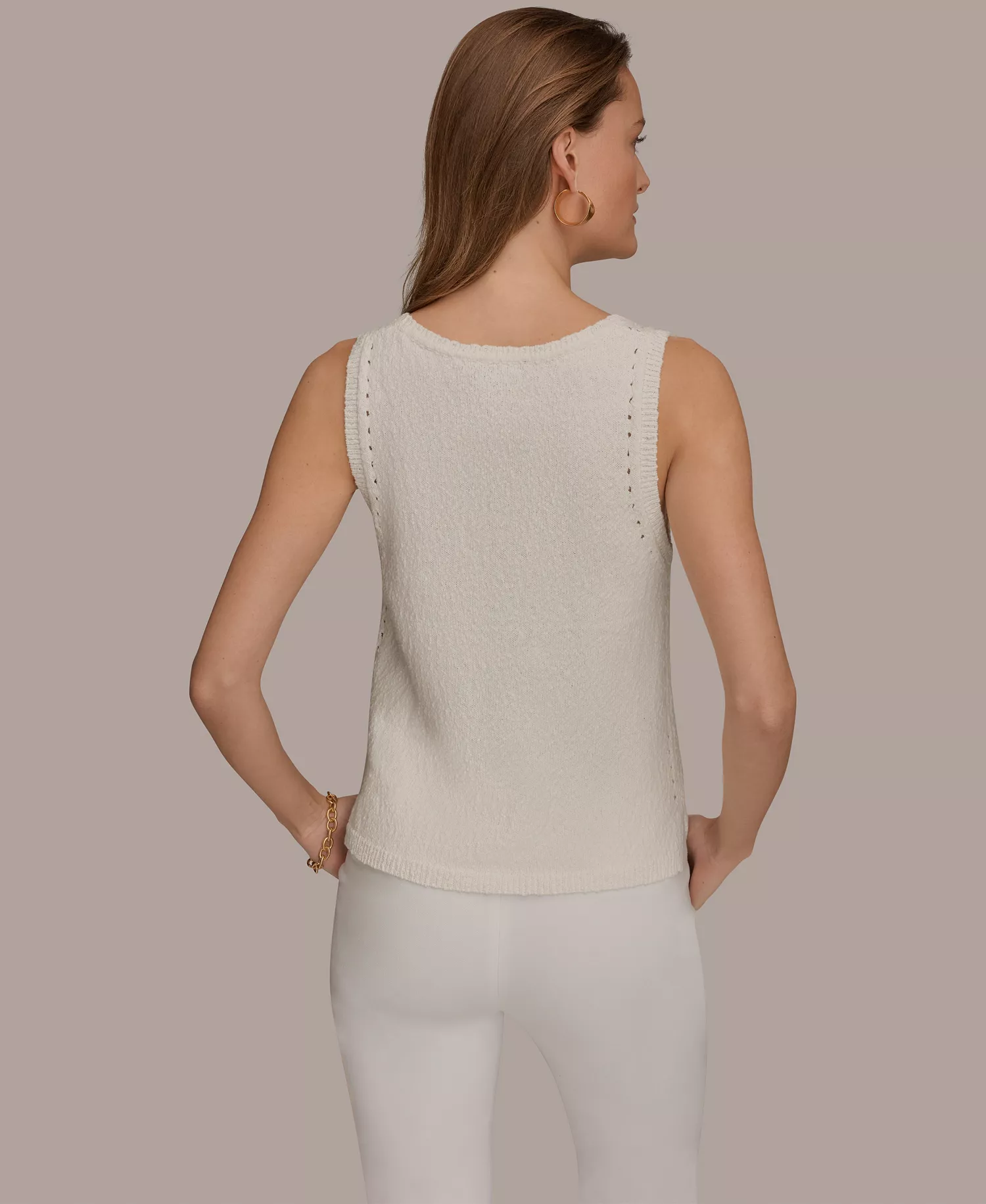 Women's Scoop Neck Pointelle Stitched Tank Sweater - Cream - L