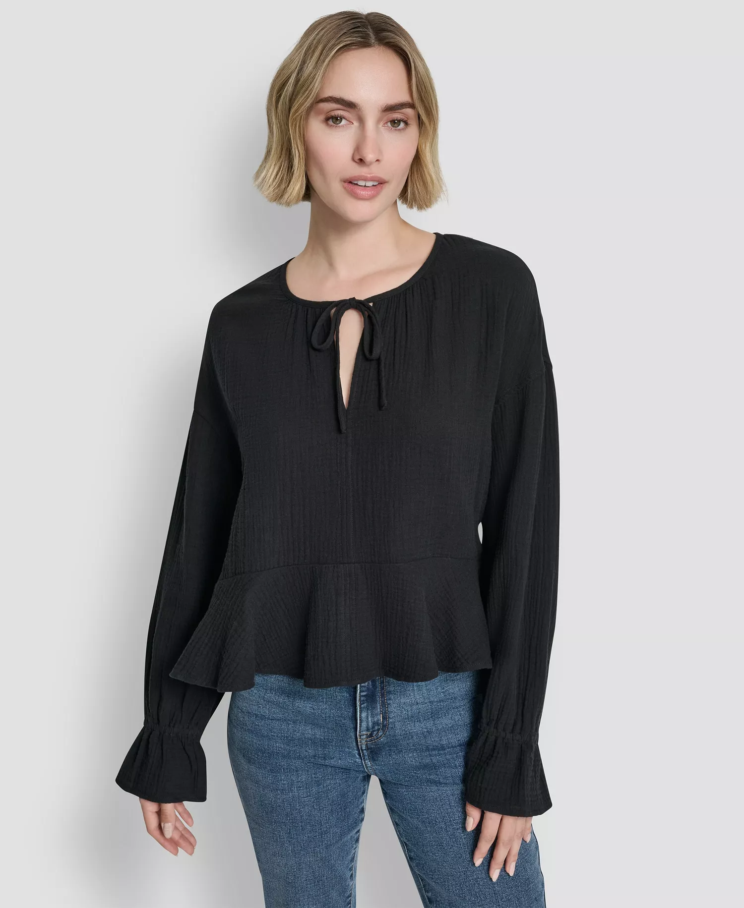 Women's Long-Sleeve Double Crepe Gauze Tie Neck Crop Top - Black - L